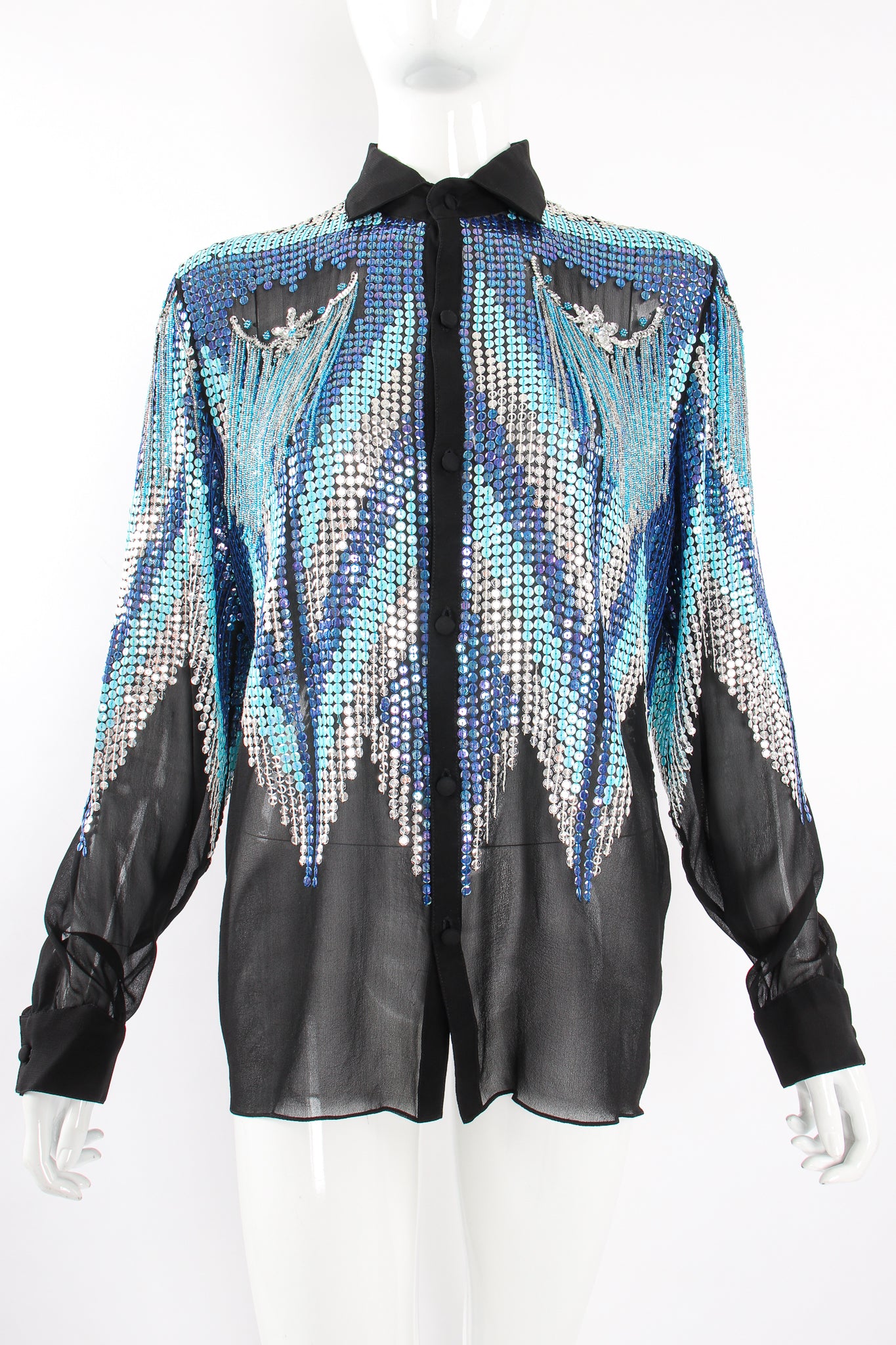 Vintage Lauren Nicole Sheer Sequin Fringe Shirt on Mannequin front crop at Recess Los Angeles