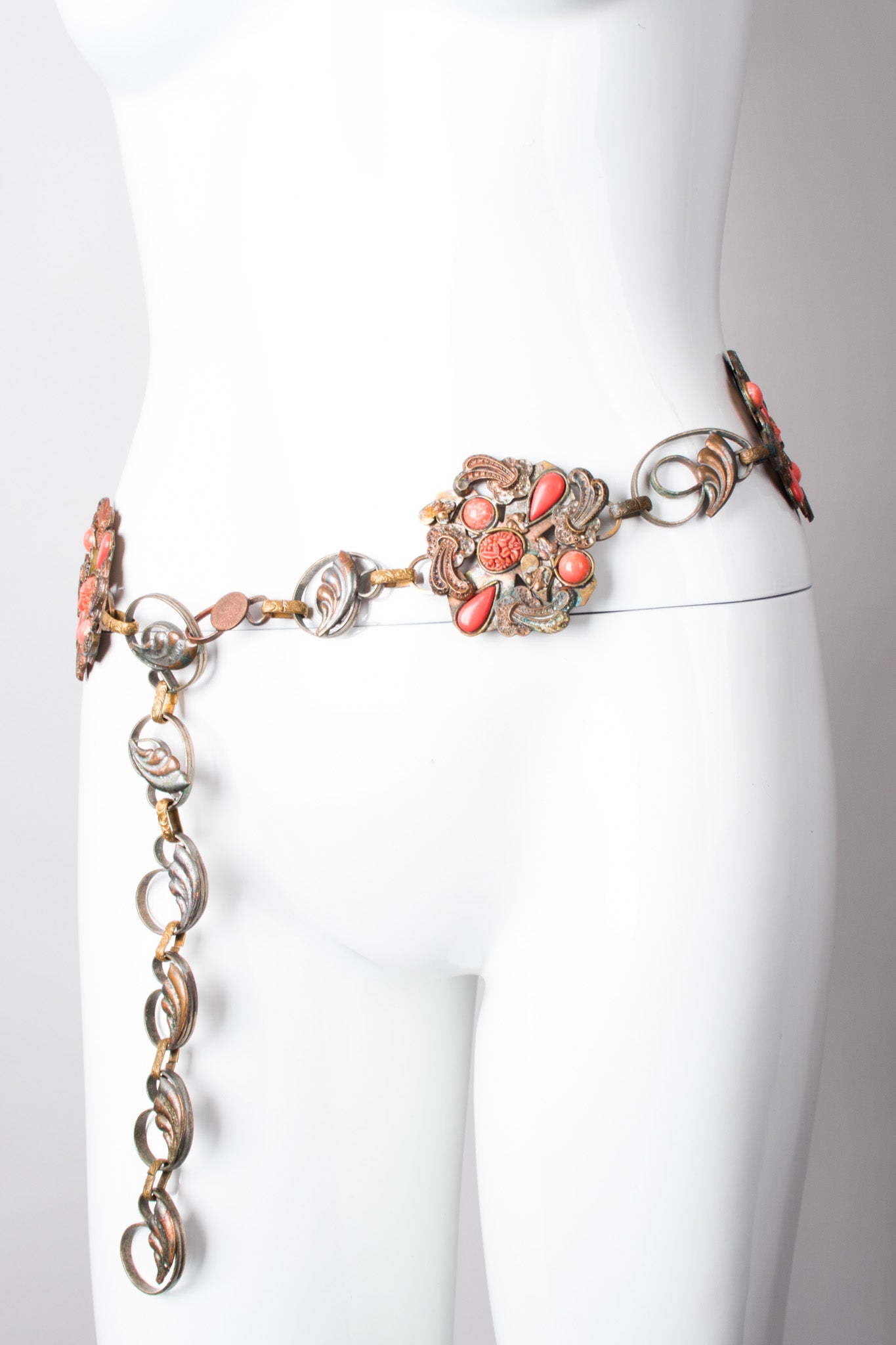 Artisan Vintage Bronze Carved Coral Chain Belt