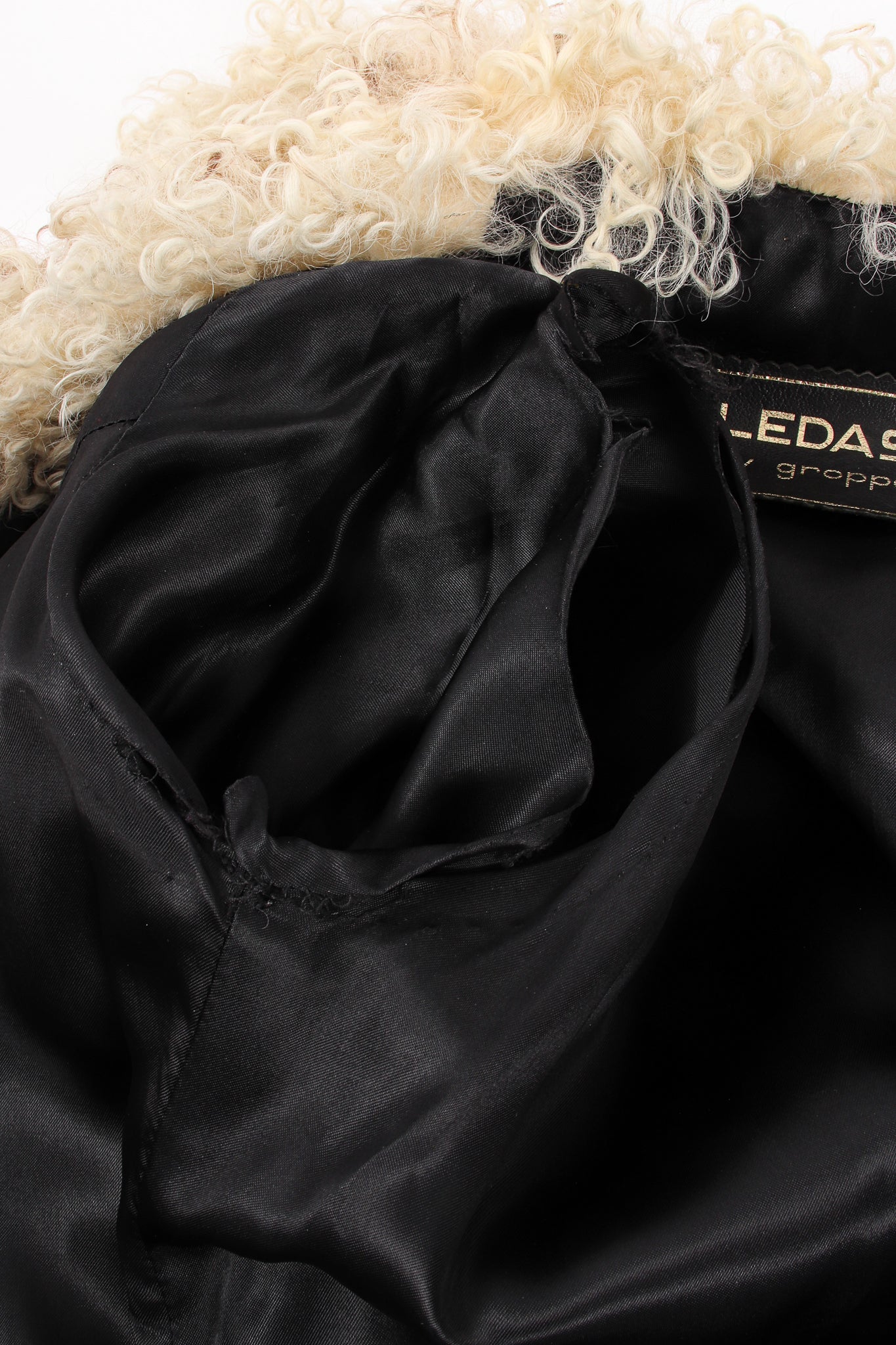 Vintage Leda Spain by Gropper Leather & Lamb Fur Trench Coat ripped lining at Recess LA