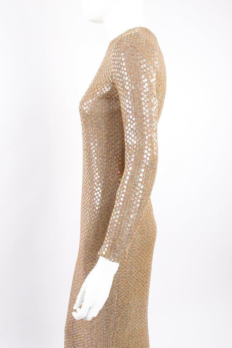 Vintage Leo Narducci Iridescent Champagne Sequin Dress on Mannequin side crop  at Recess LA