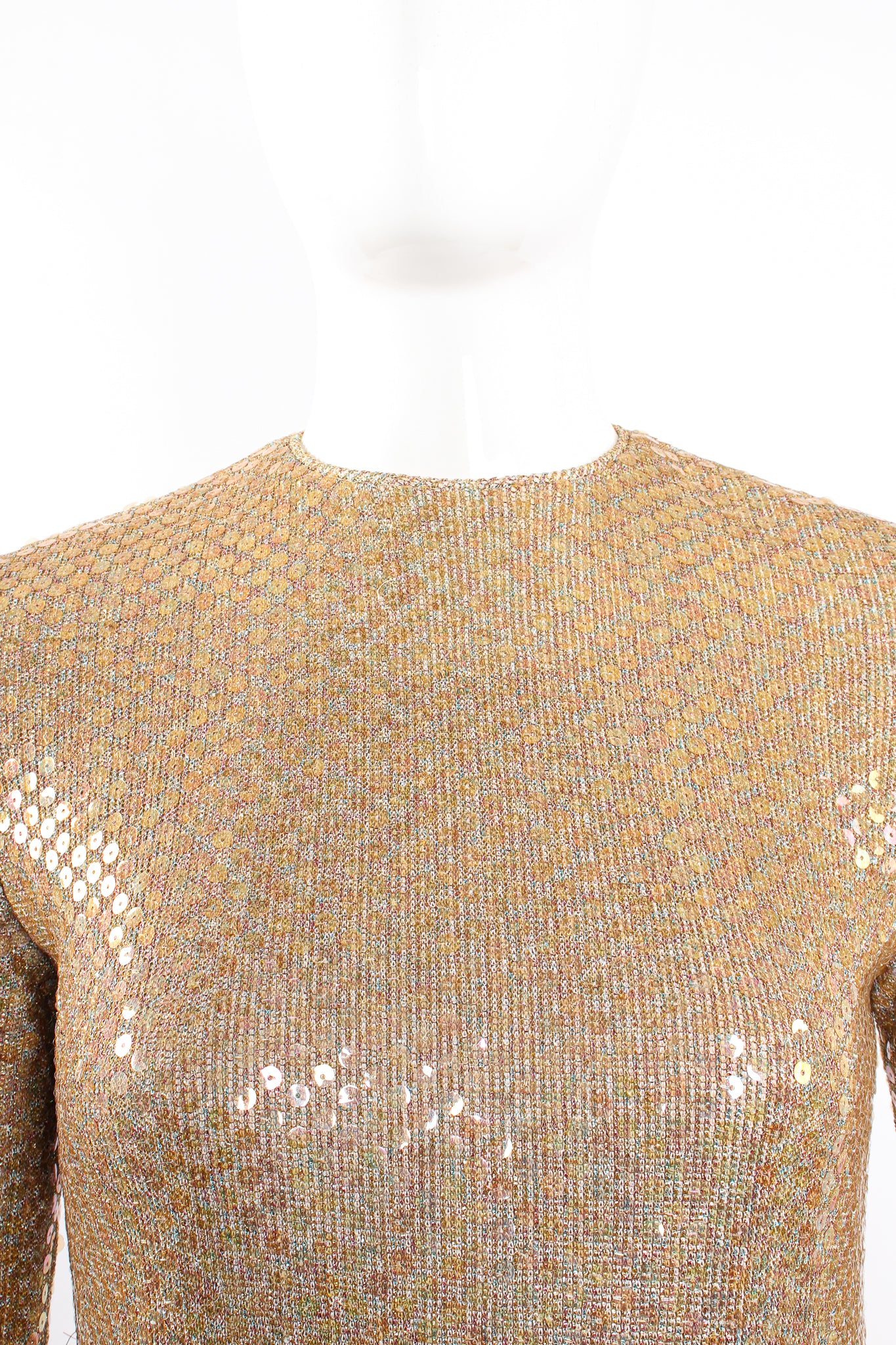 Vintage Leo Narducci Iridescent Champagne Sequin Dress on Mannequin neckline at Recess LA