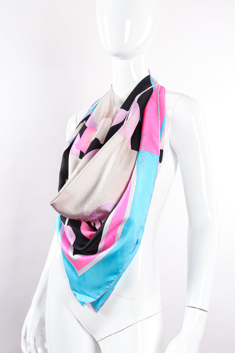 Vintage Leonard Silk Twill Orchid Blossom Scarf on mannequin at Recess Los Angeles