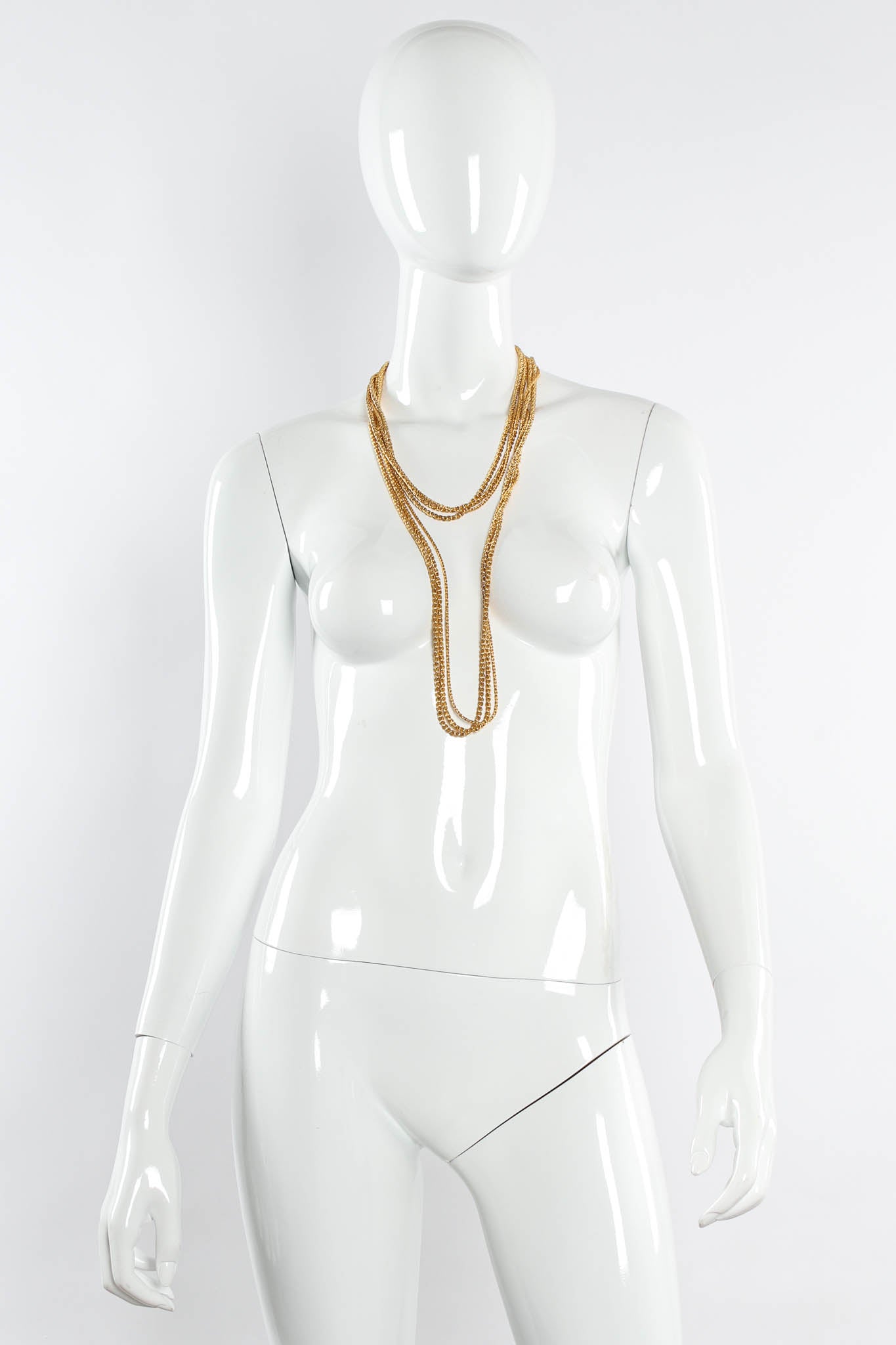 Vintage Les Bernard Golden Rope Triple Chain Necklace mannequin layered front @ Recess LA