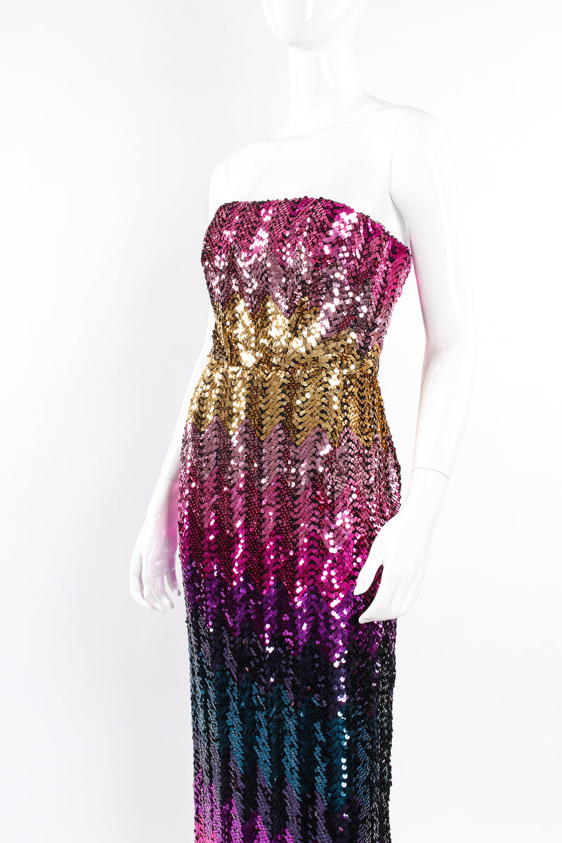 Vintage Lilli Diamond Ombré Sequin Strapless Sheath Dress on Mannequin angle crop at Recess LA