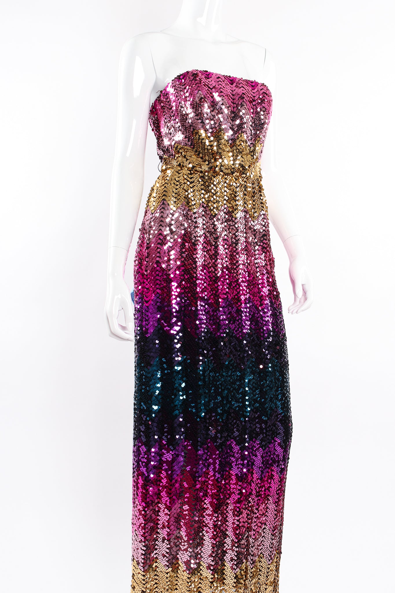 Vintage Lilli Diamond Ombré Sequin Strapless Sheath Dress on Mannequin angle crop at Recess LA