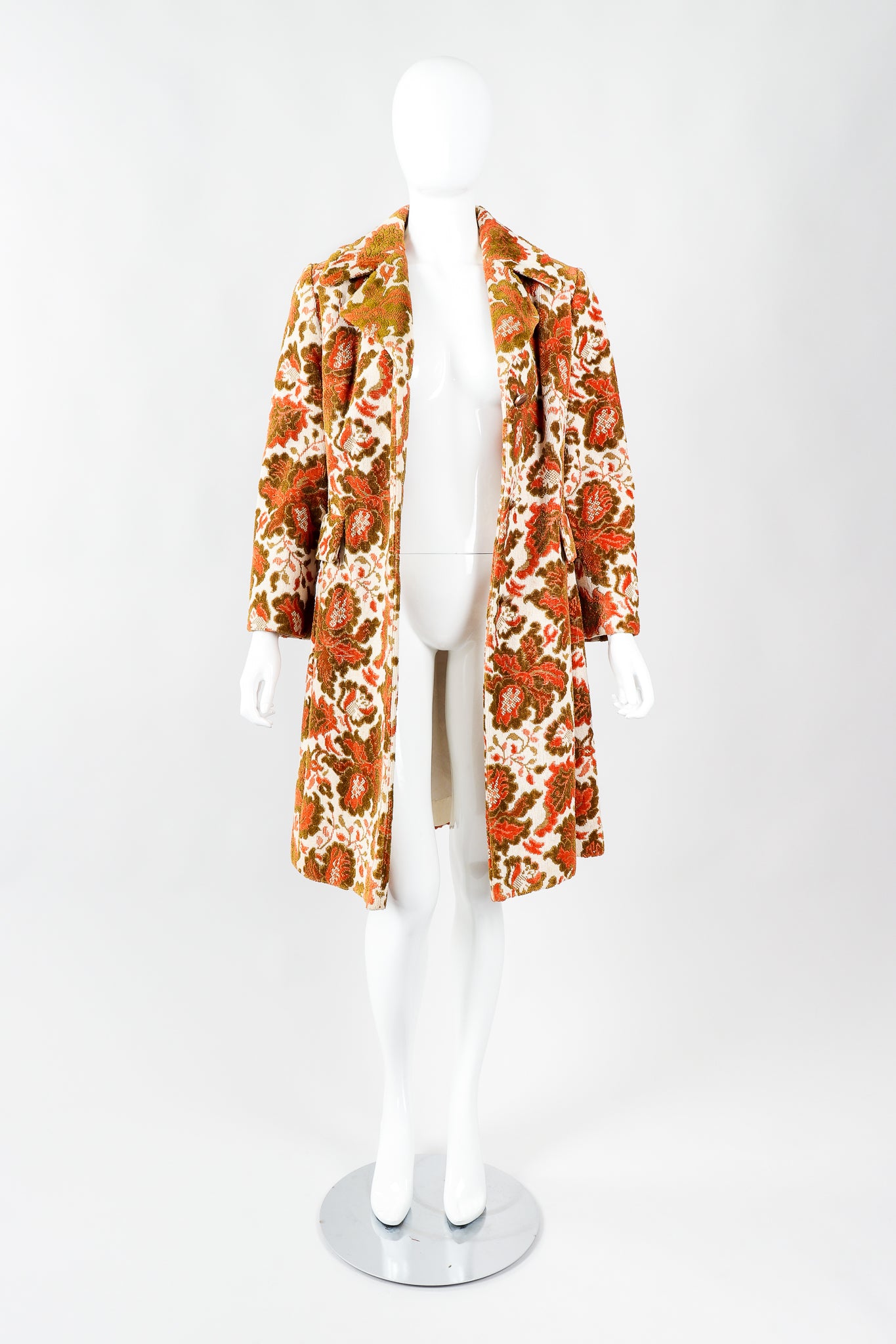 Vintage Lilli Ann Floral Chenille Carpet Coat on Mannequin Open, at Recess Los Angeles