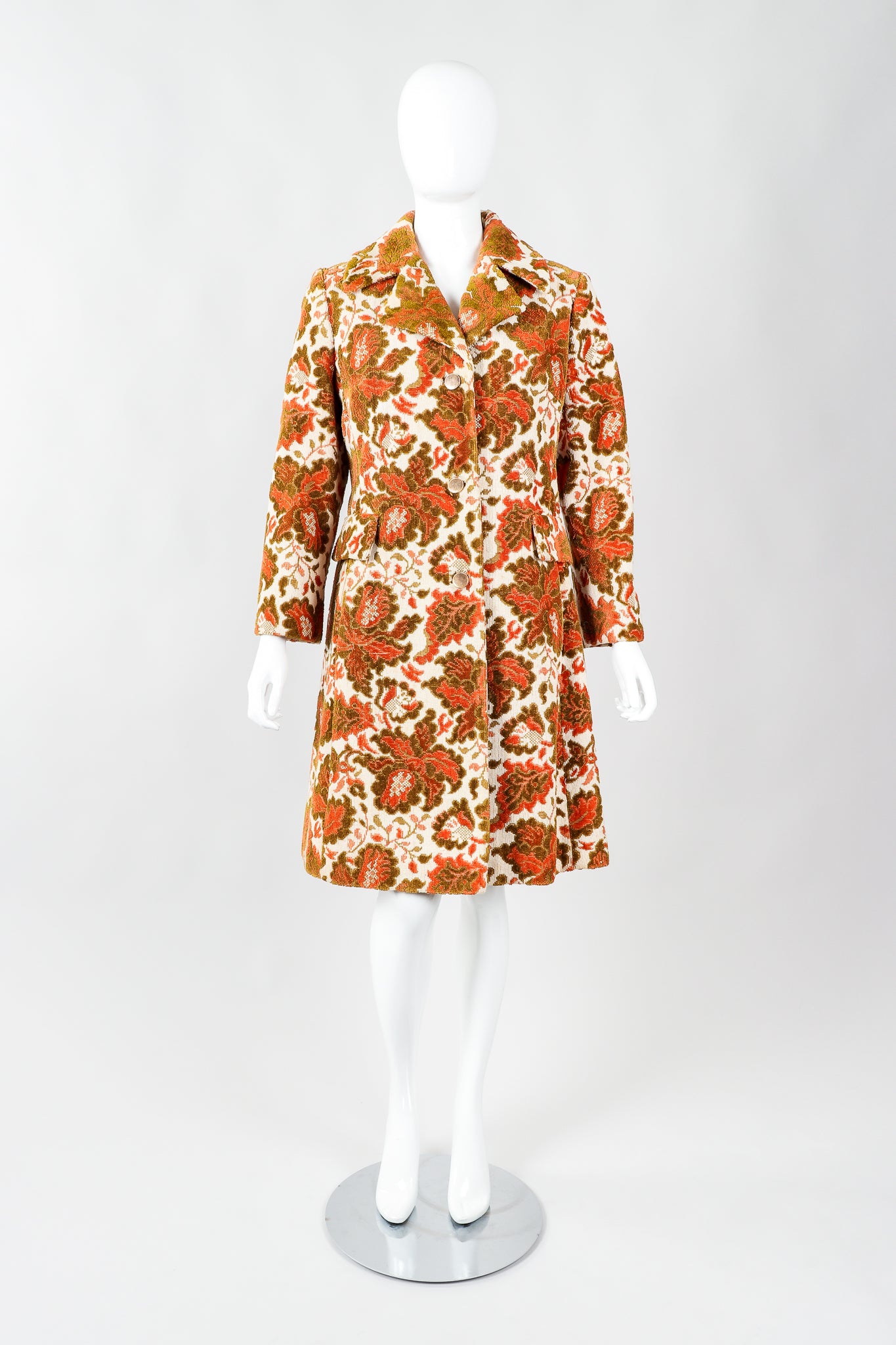 Vintage Lilli Ann Floral Chenille Carpet Coat on Mannequin Front, at Recess Los Angeles