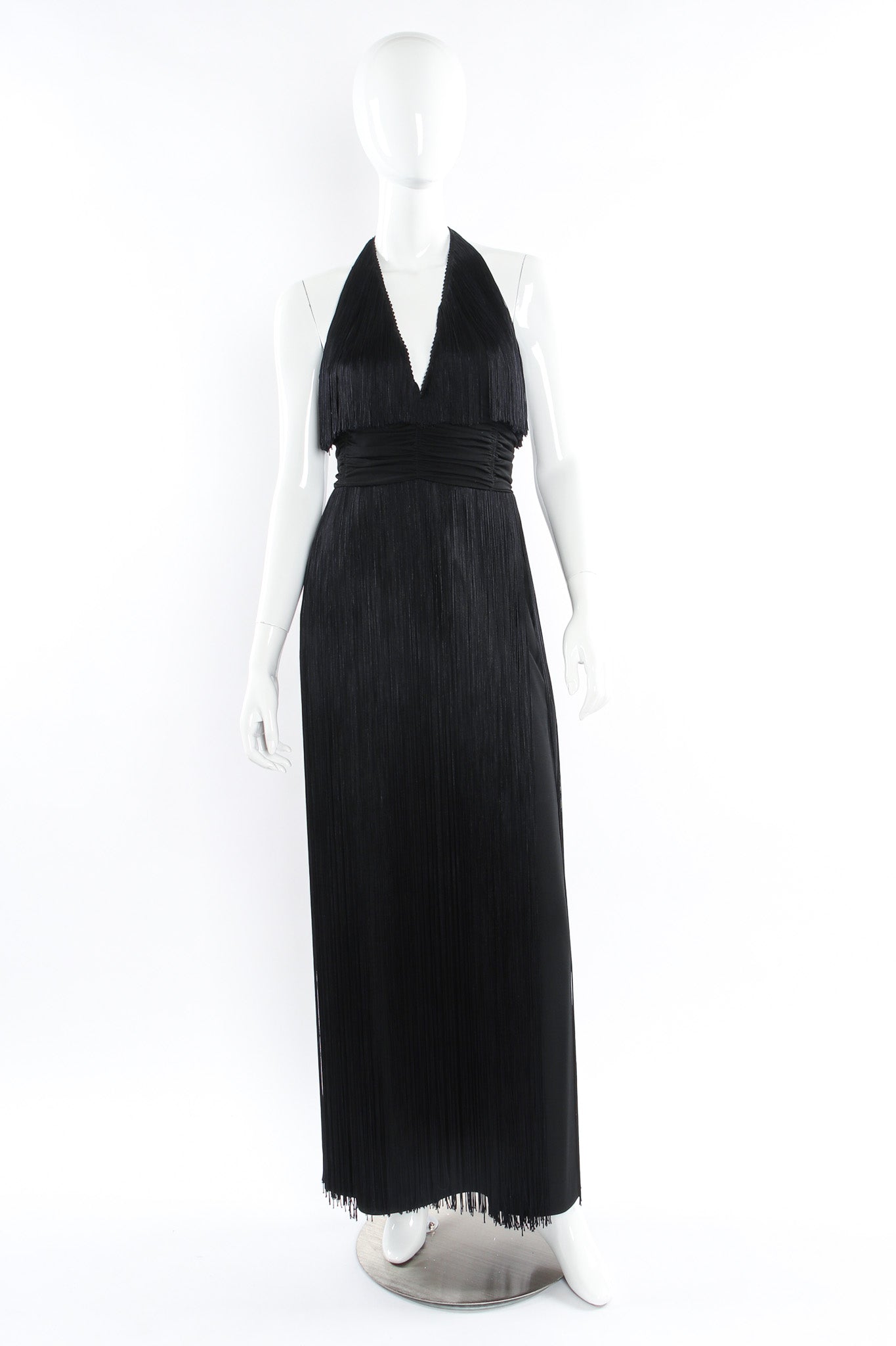 Vintage Lilli Diamond Fringe Drape Halter Dress mannequin front @ Recess LA