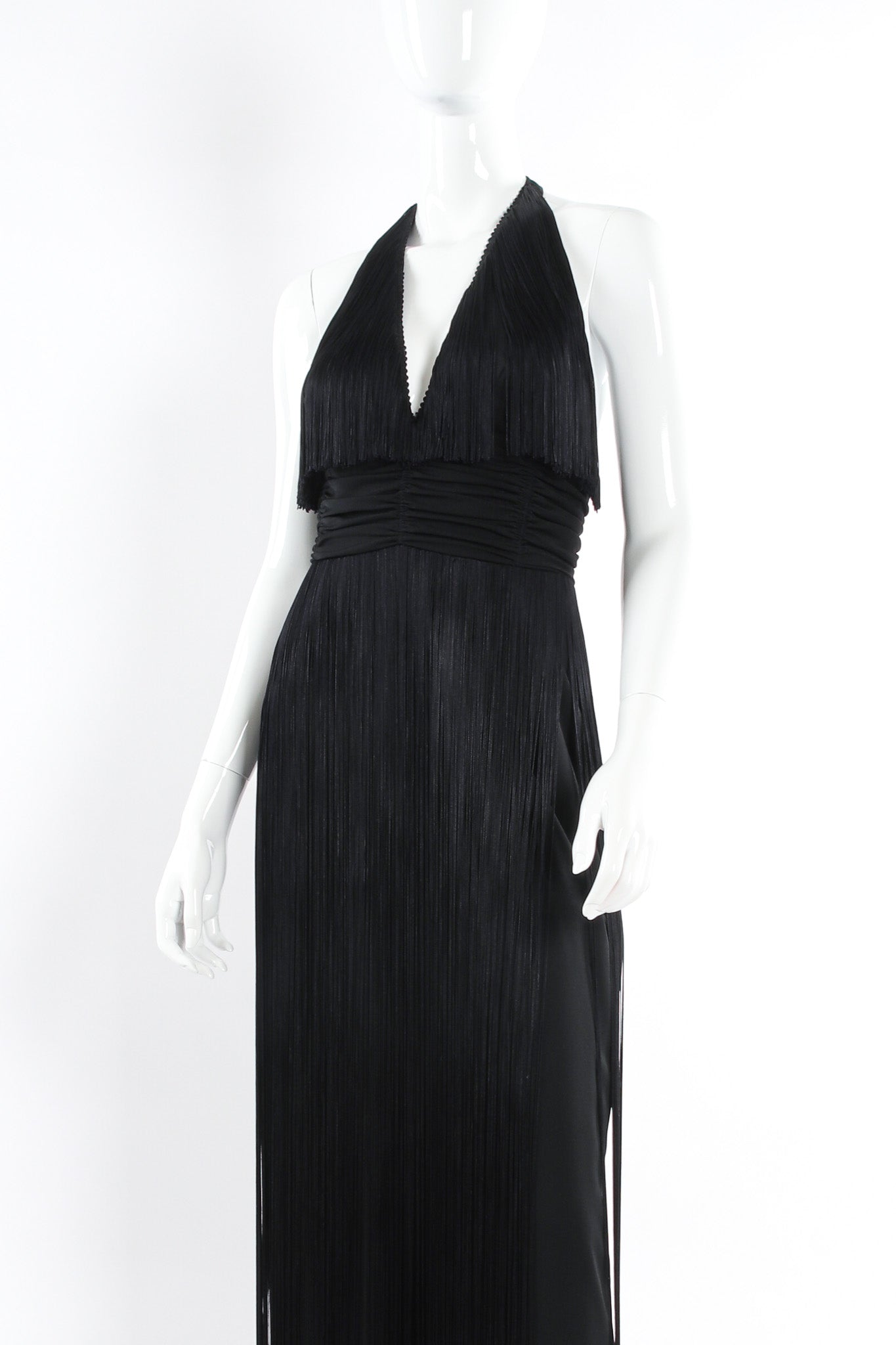 Vintage Lilli Diamond Fringe Drape Halter Dress mannequin angle close @ Recess LA