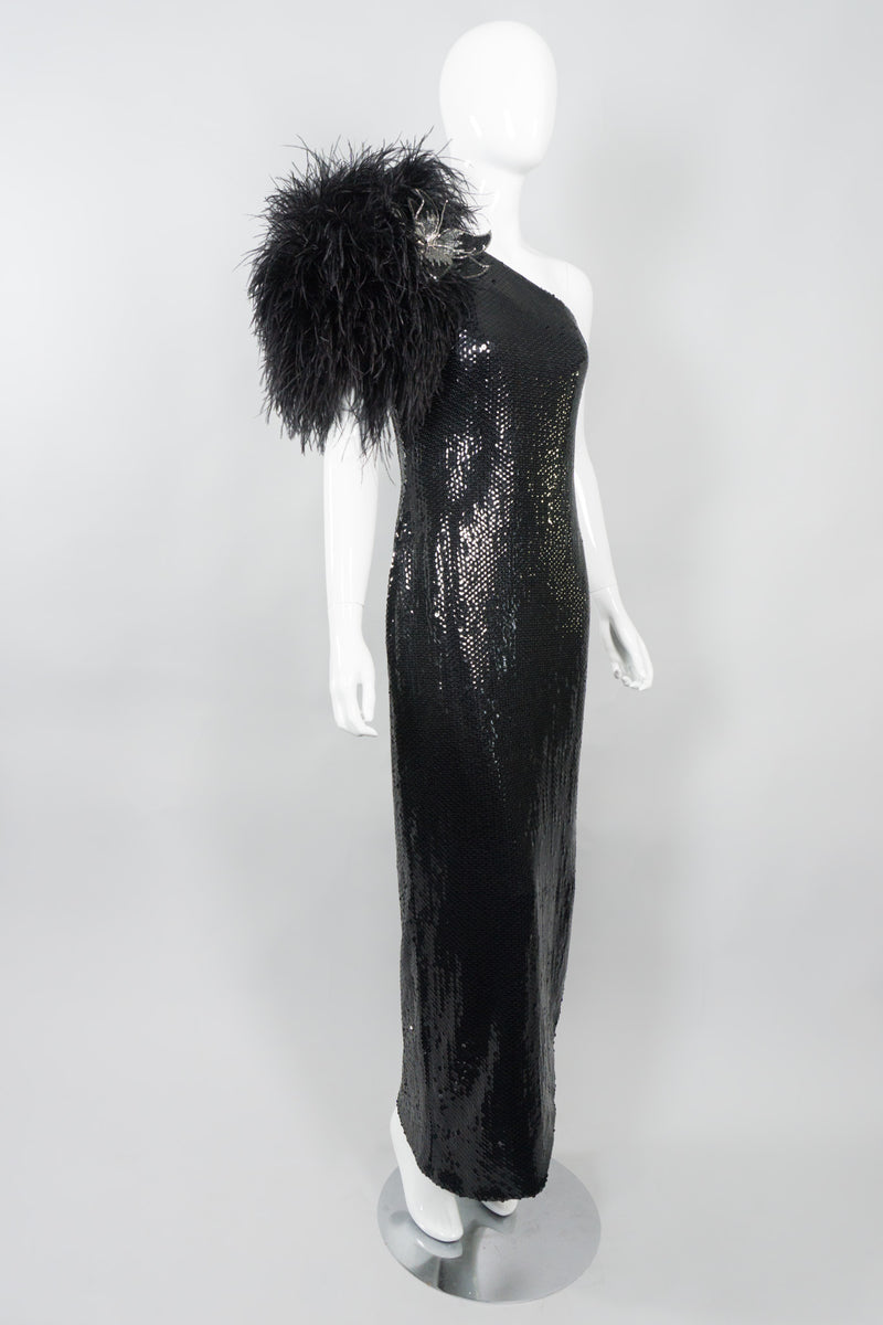 Lillie Rubin Vintage Ostrich Feather One-Shoulder Sequin Gown