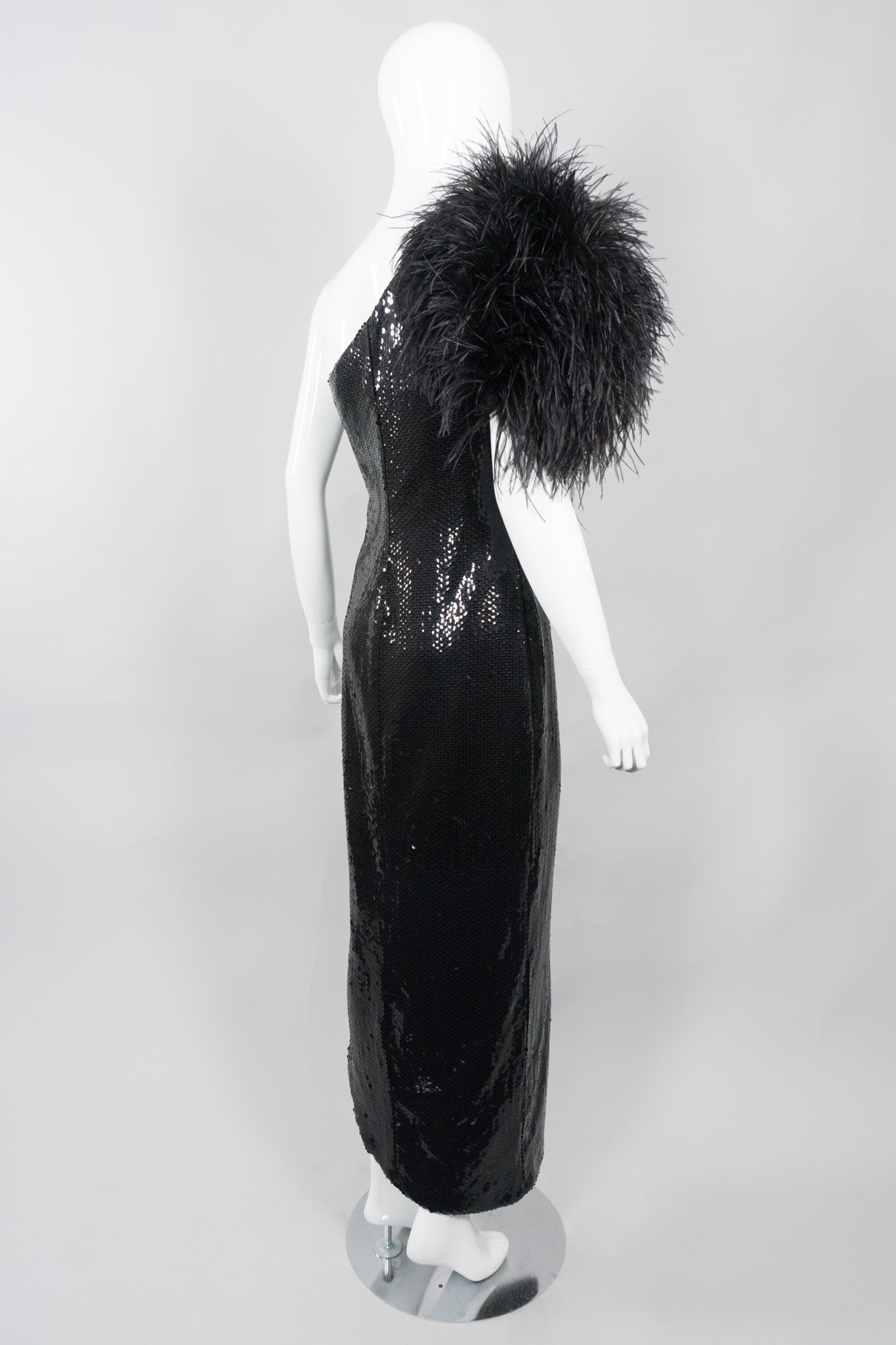 Lillie Rubin Vintage Ostrich Feather One-Shoulder Sequin Gown