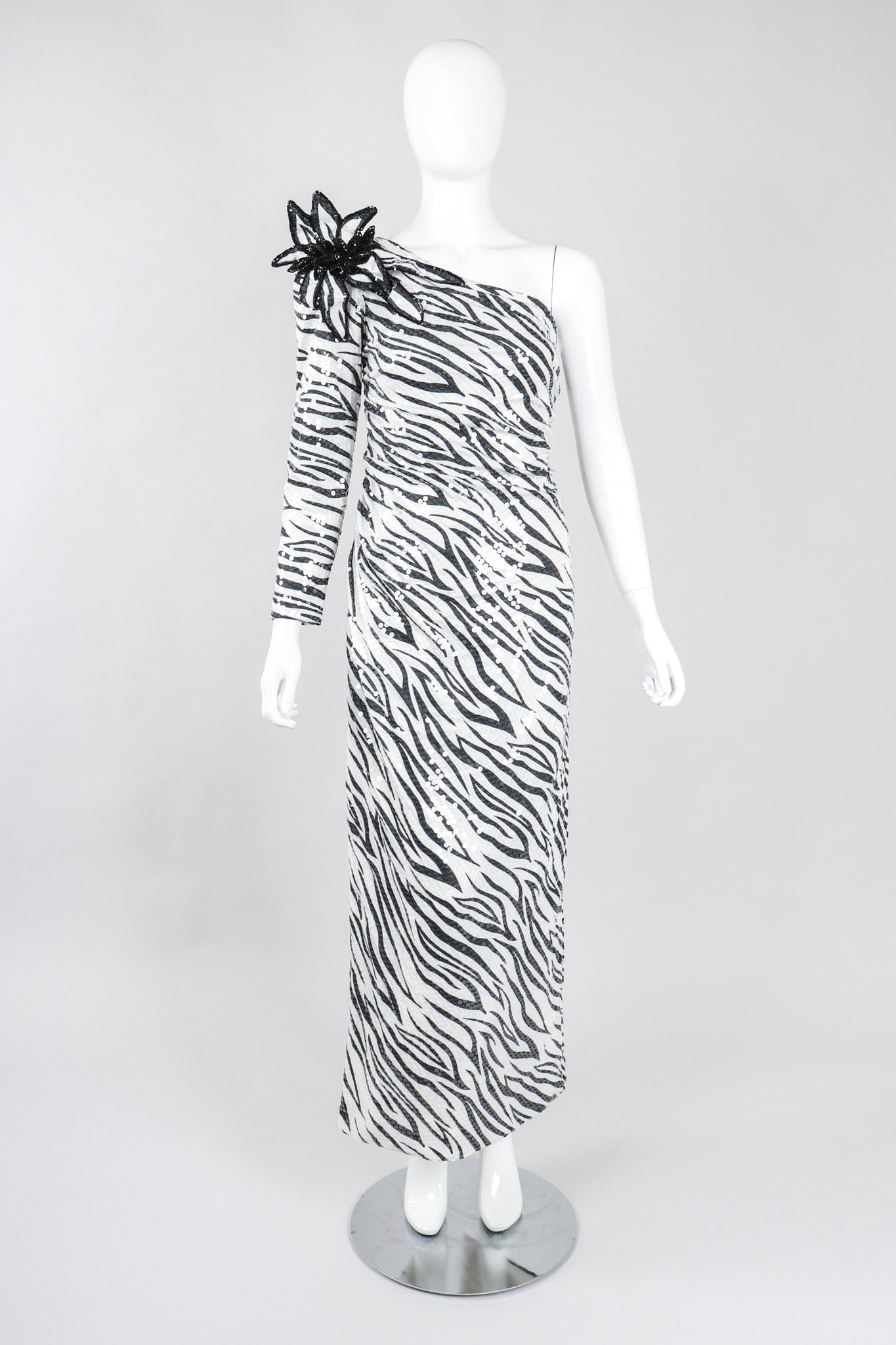 Recess Los Angeles Vintage Lillie Rubin One-Shoulder Zebra Sequin Gown