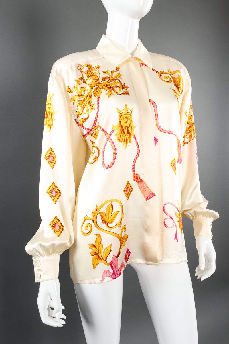 Vintage Escada Lion King Print Silk Shirt on Mannequin angle at Recess Los Angeles