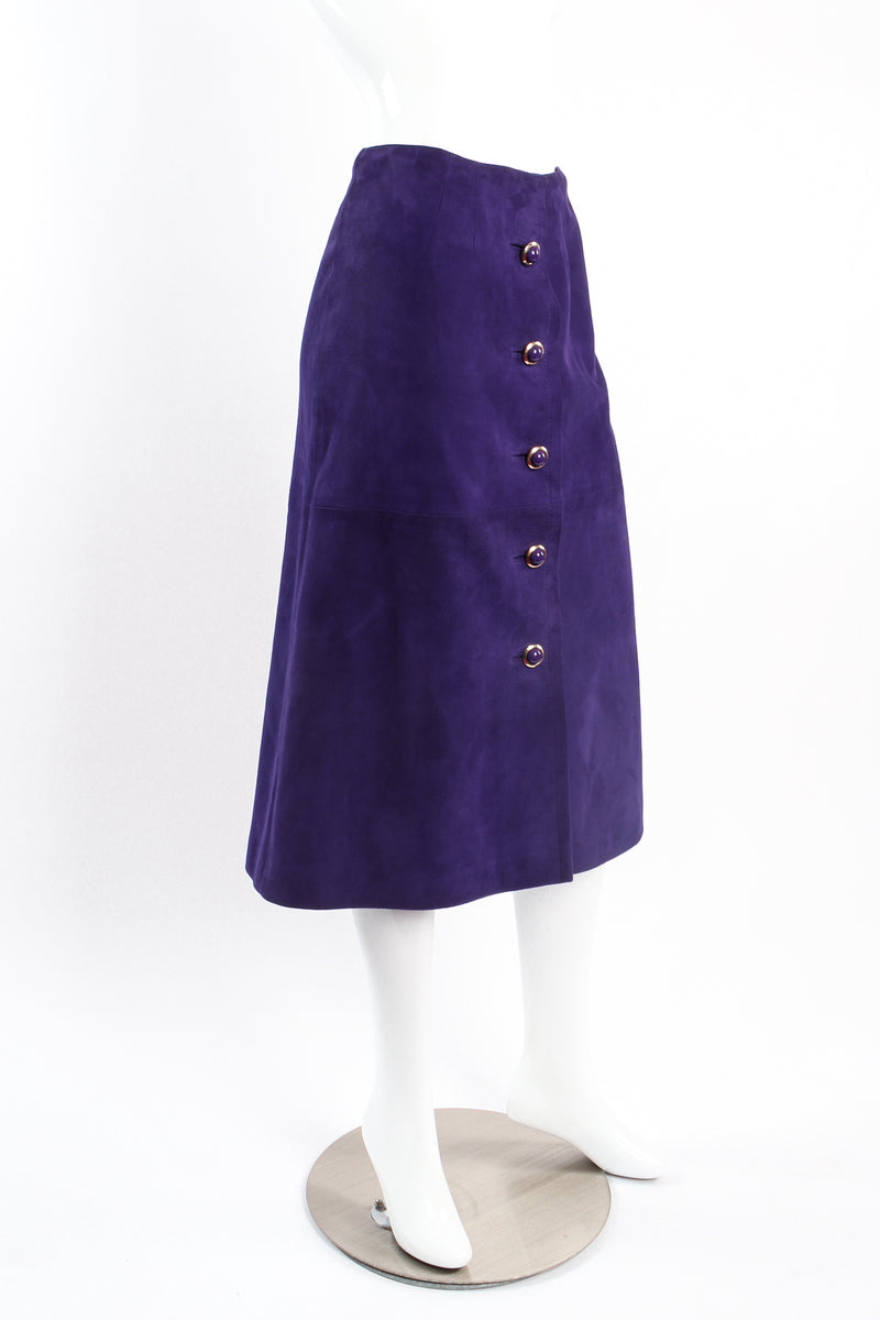 Vintage Loewe A-Line Suede Button Skirt on Mannequin angle at Recess Los Angeles