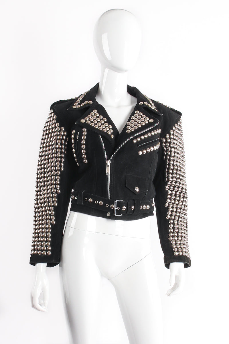 Vintage London Leatherwear Studded Suede Moto Jacket on Mannequin Front at Recess LA