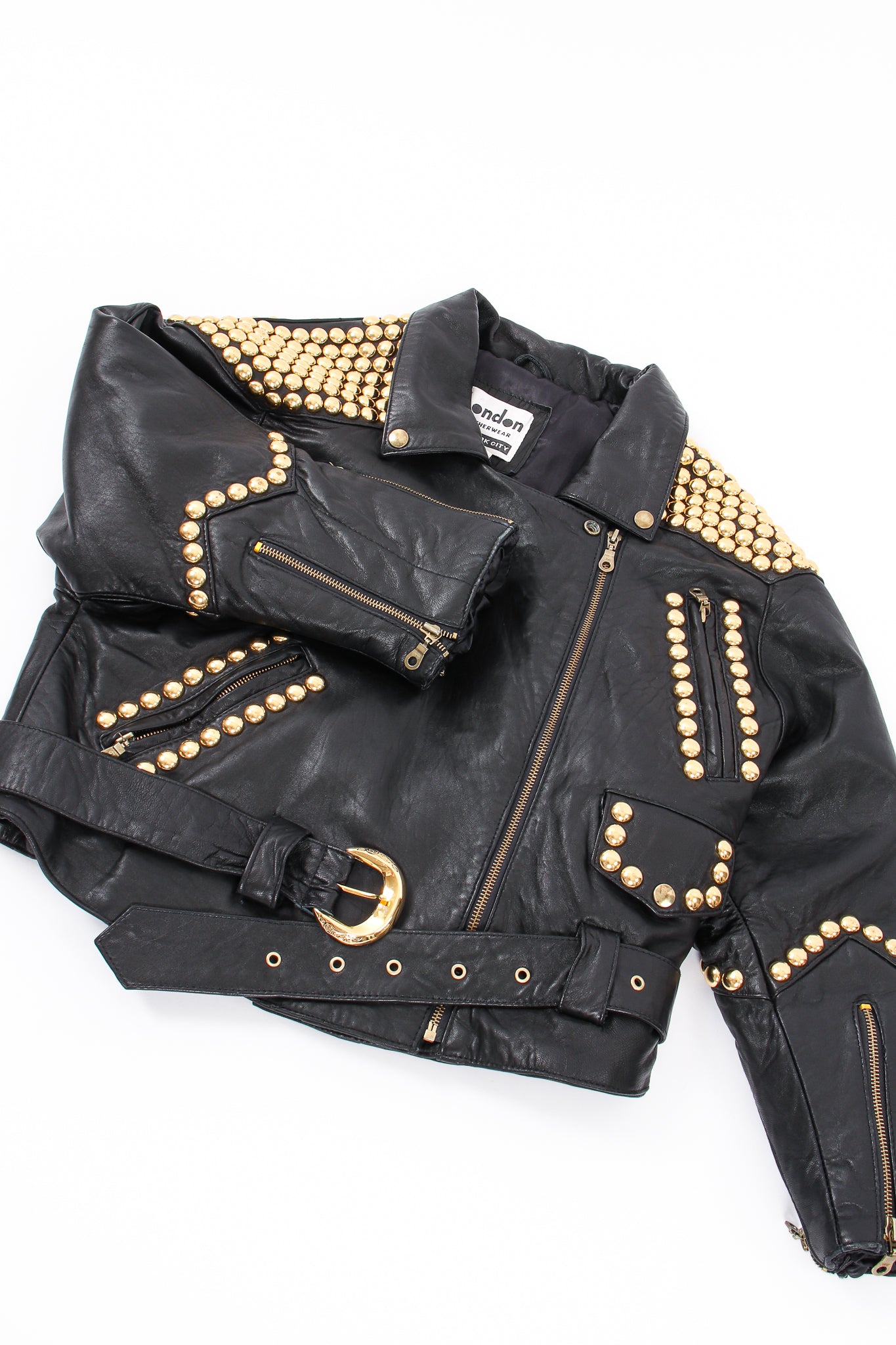 Vintage London Leatherwear Dome Stud Belted Leather Jacket flat at Recess LA