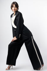 Romy Reiner in Vintage Escada Satin Trim Tuxedo Pant Suit Set at Recess Los Angeles