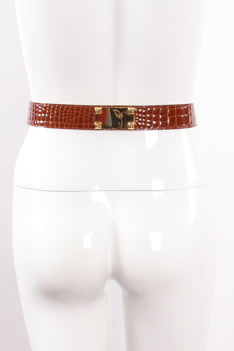 Vintage Lorenza Embossed Leather Turnlock Plate Belt on mannequin at Recess Los Angeles