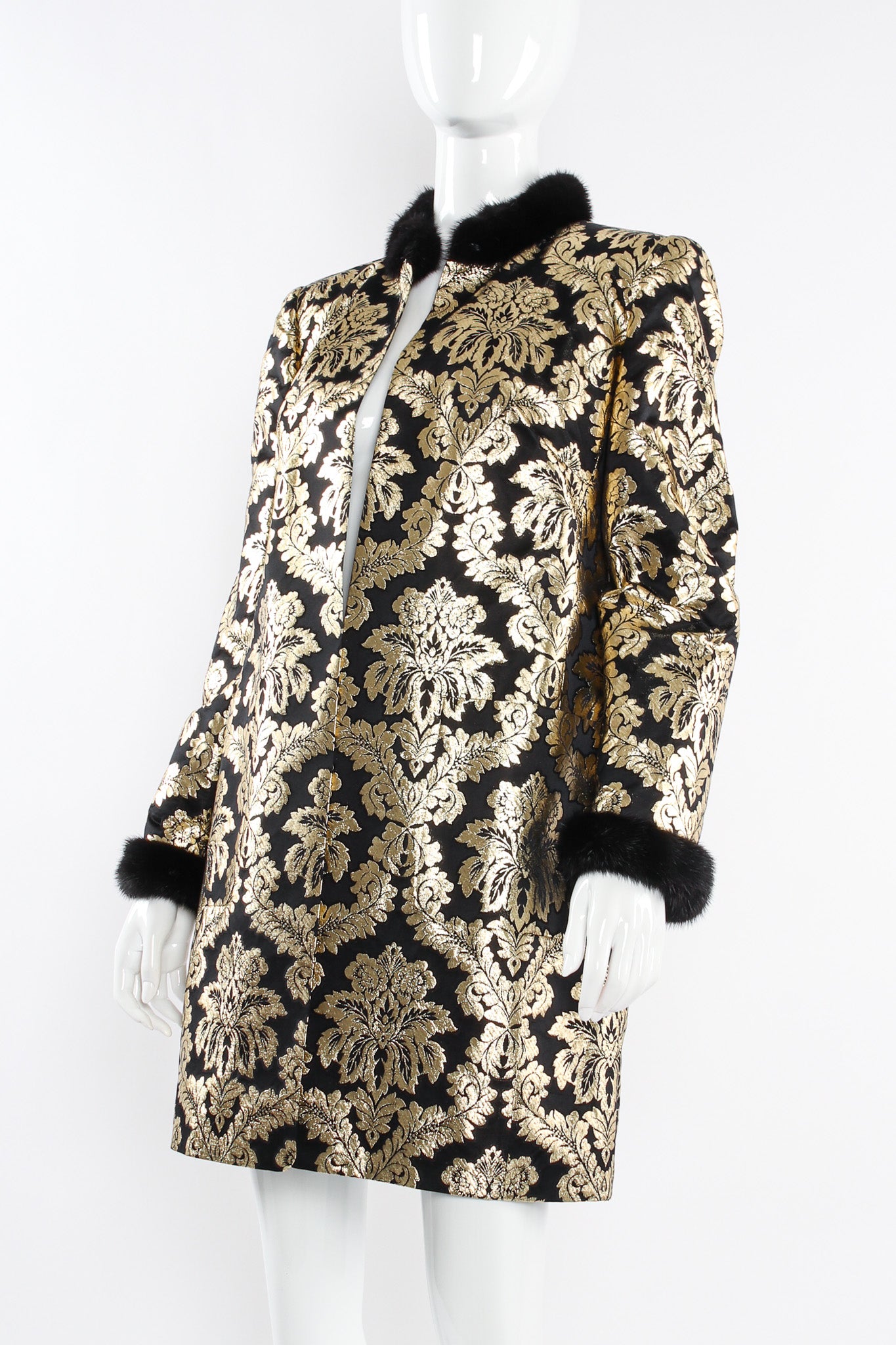 Vintage Louis Féraud Damask Floral Lamé Coat mannequin close angle  @ Recess LA