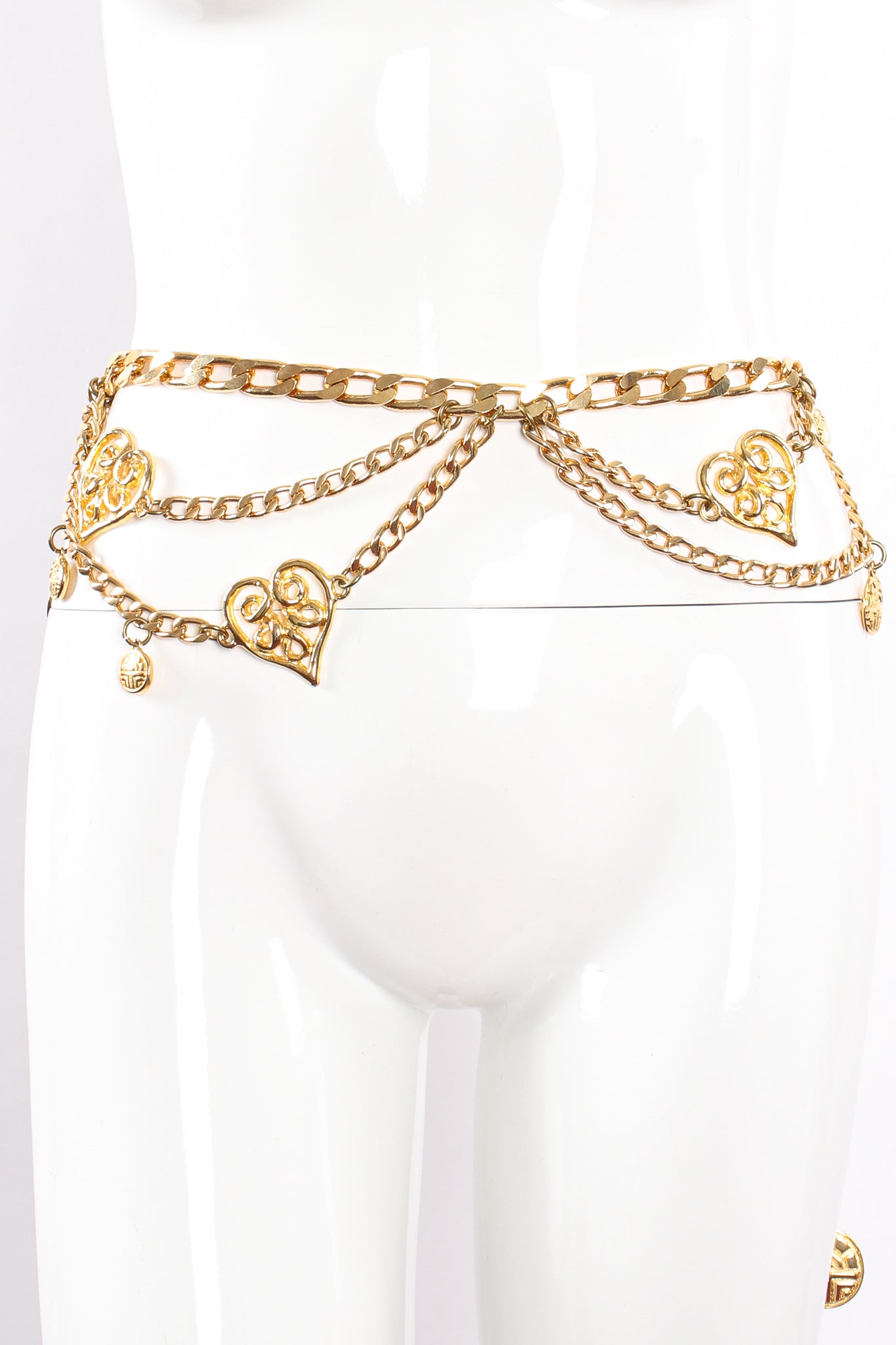 Vintage Louis Feraud Asymmetrical Draped Heart Logo Chain Belt on Mannequin at Recess Los Angeles