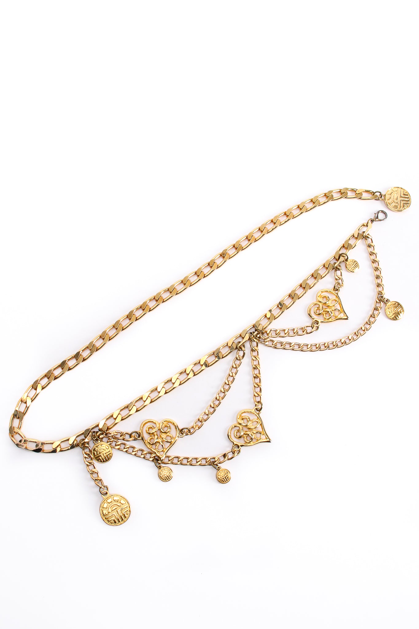 Vintage Louis Feraud Asymmetrical Draped Heart Logo Chain Belt flat at Recess Los Angeles