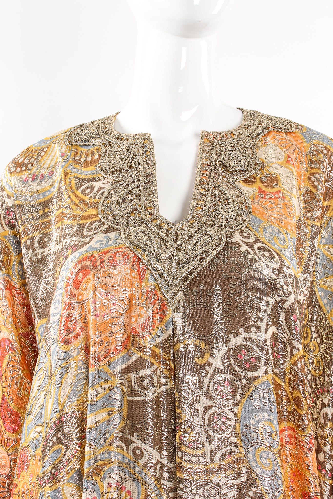 Vintage Lucie Ann Metallic Brocade Lamé Caftan on Mannequin neckline at Recess Los Angeles