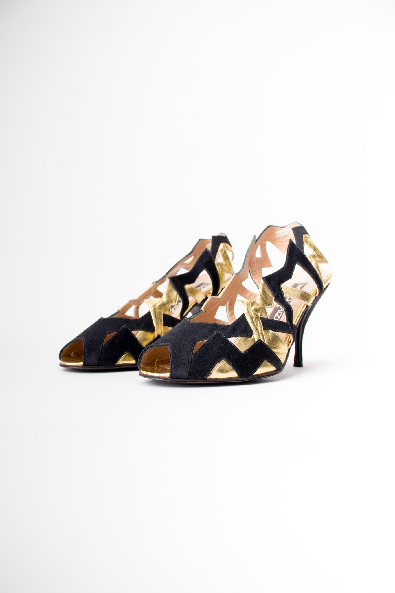 Maud Frizon 'M' Lightening Bolt Zig Zag Gold Lamé Heels