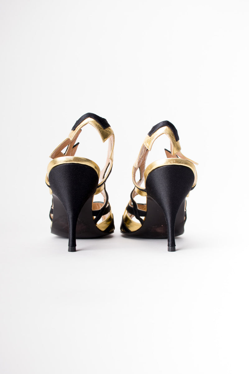 Maud Frizon 'M' Lightening Bolt Zig Zag Gold Lamé Heels