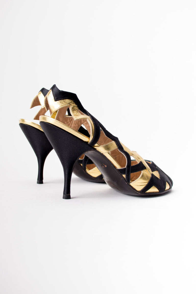 Maud Frizon 'M' Lightening Bolt Zig Zag Gold Lamé Heels