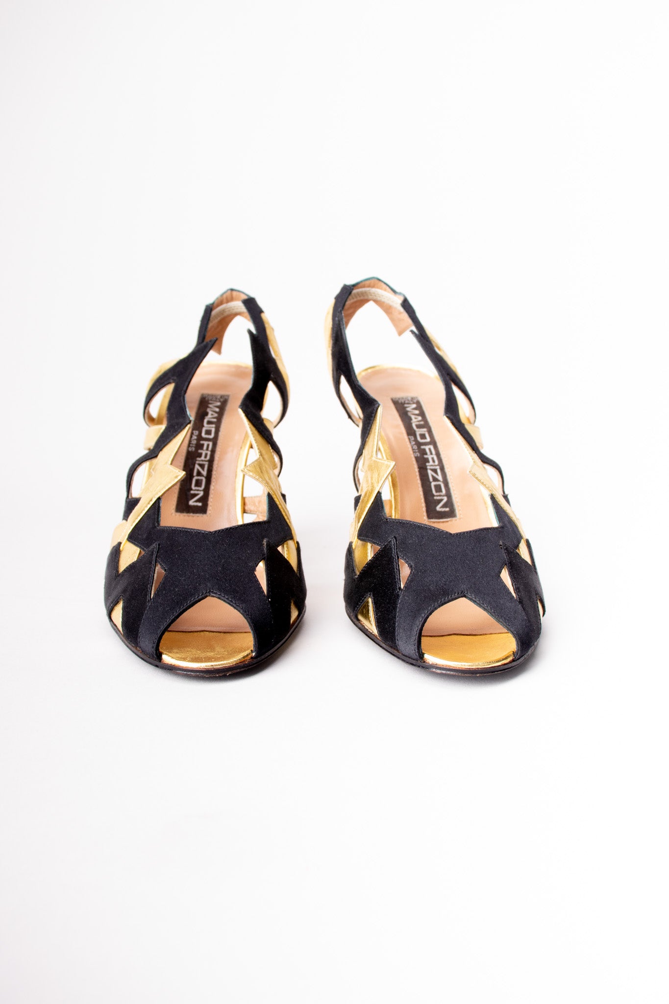 Maud Frizon 'M' Lightening Bolt Zig Zag Gold Lamé Heels