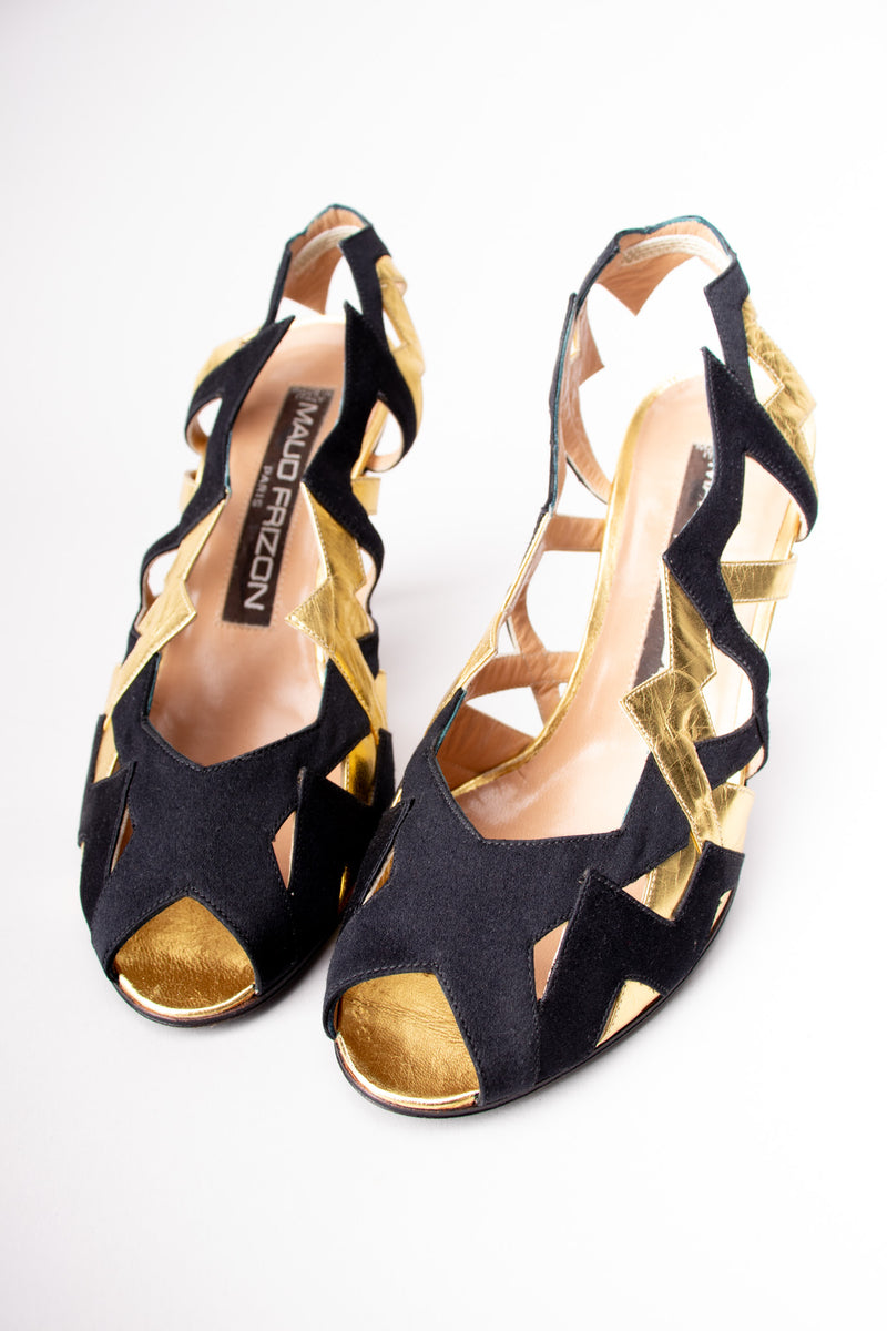 Maud Frizon 'M' Lightening Bolt Zig Zag Gold Lamé Heels