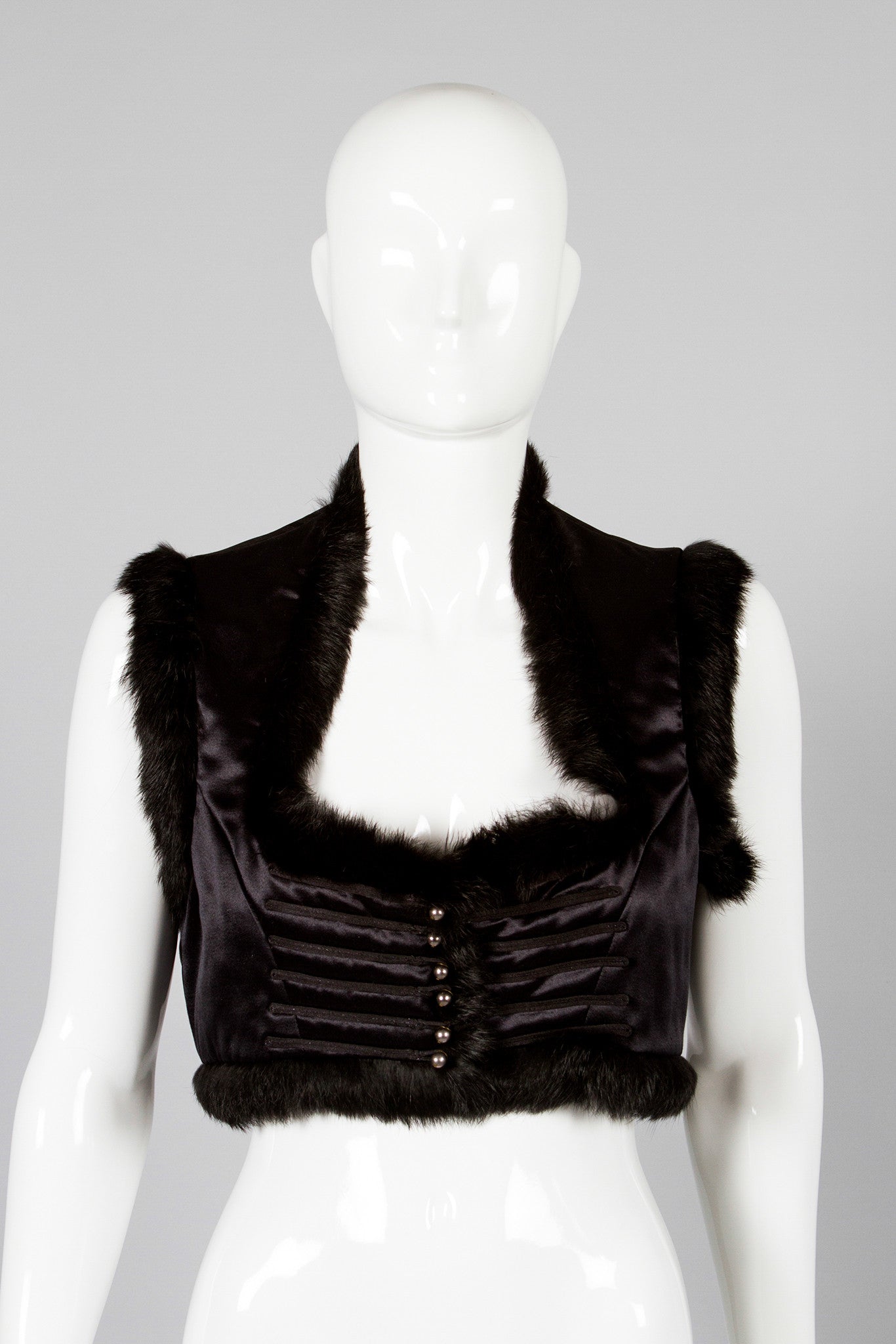 Ozbek Silk Satin Fur Trim Crop Vest