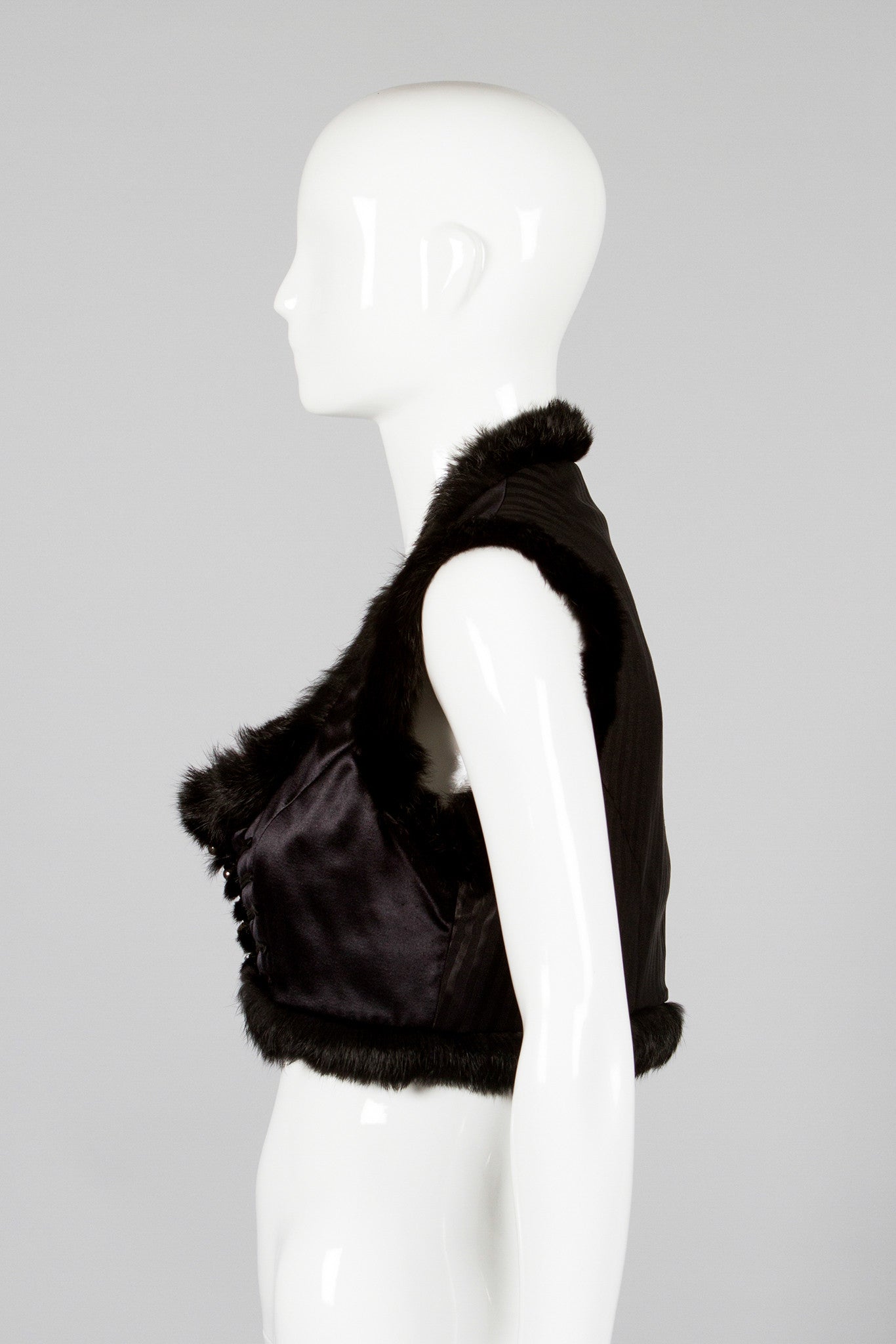 Ozbek Silk Satin Fur Trim Crop Vest