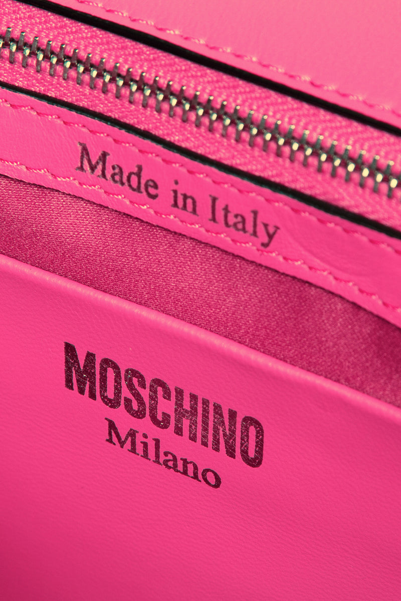 Moschino Moto Jacket Bag in pink, inside logo