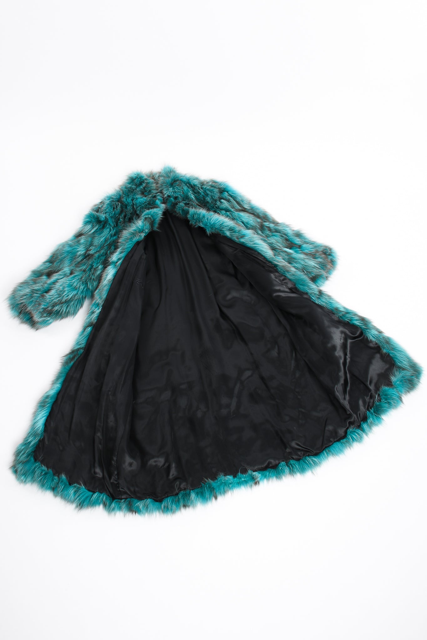 Vintage Made In Greece Teal Long Fox Fur Coat lining at Recess Los Angeles