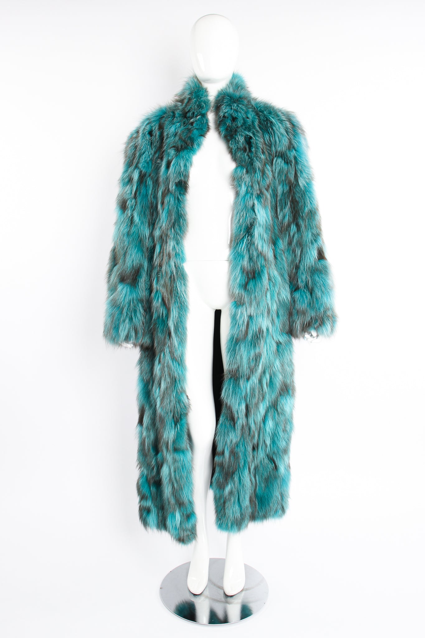 Vintage Made In Greece Teal Long Fox Fur Coat on Mannequin Front at Recess Los Angeles