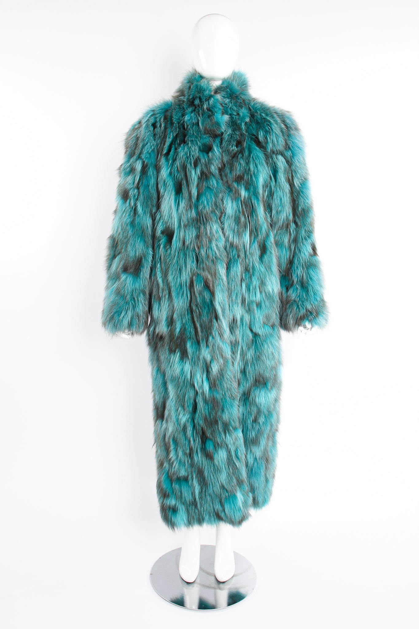 Vintage Made In Greece Teal Long Fox Fur Coat on Mannequin Front at Recess Los Angeles