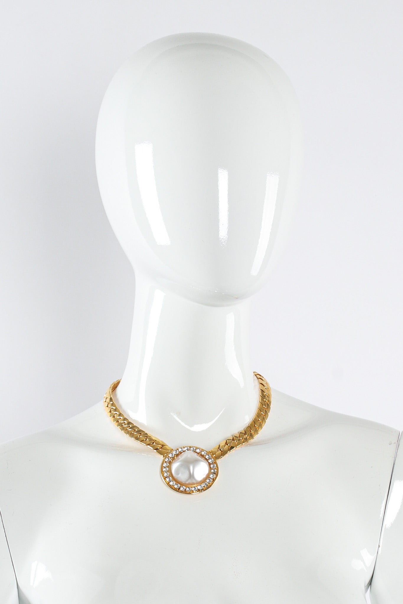 Vintage Unsigned Pearl Rhinestone Pendant Necklace mannequin front @ Recess LA