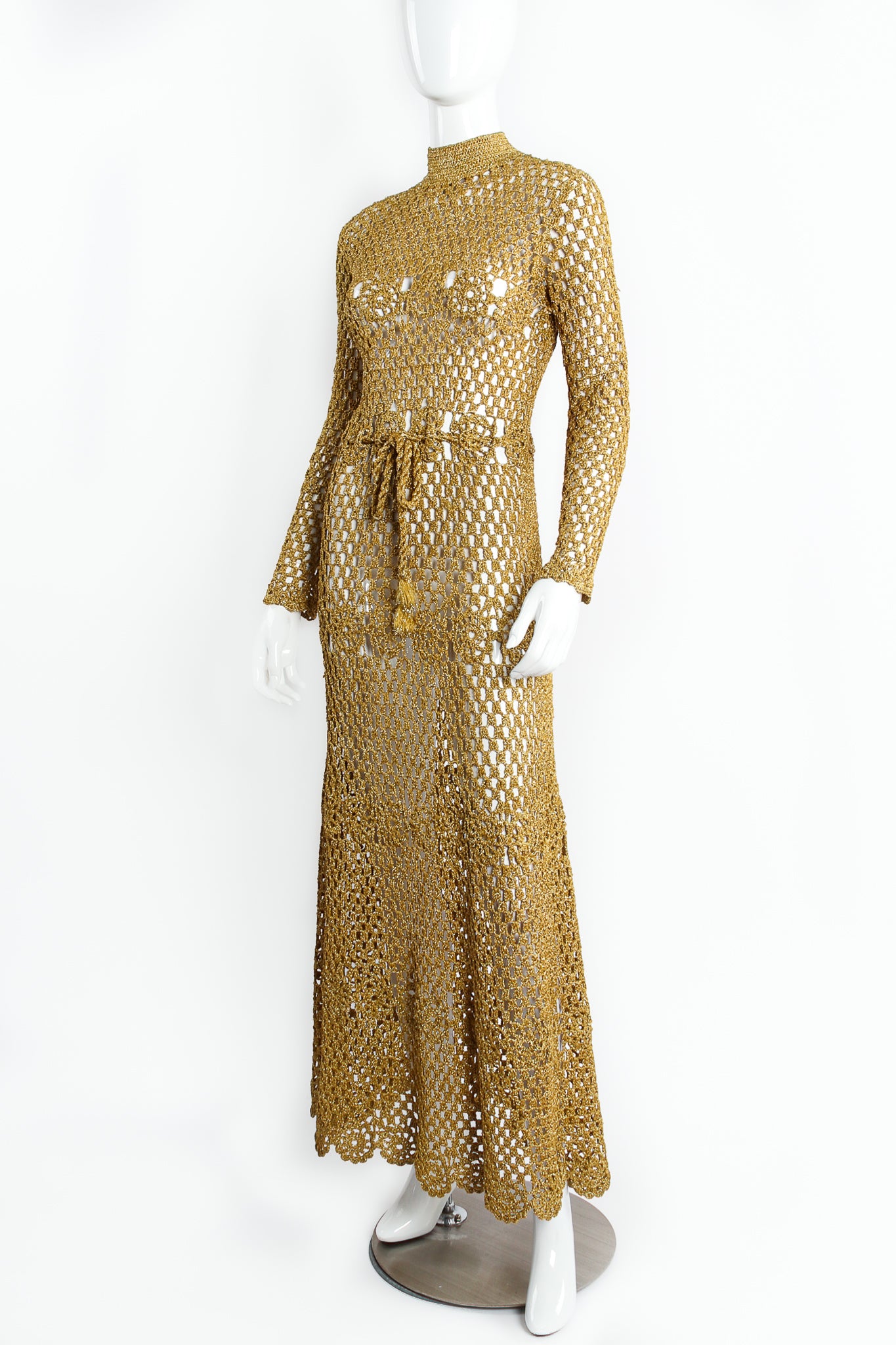 Vintage Mady Gerrard Metallic Gold Crochet Net Dress on Mannequin angle at Recess Los Angeles