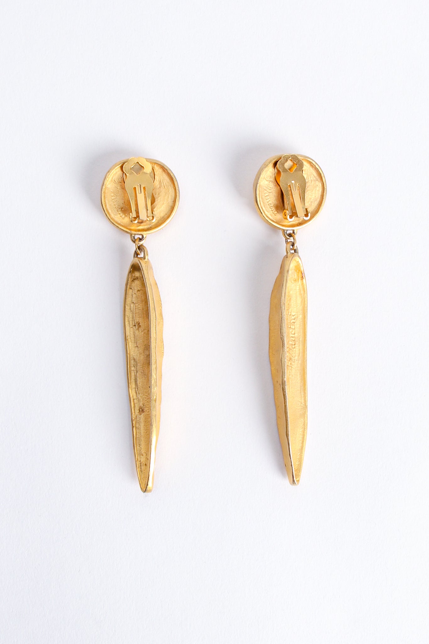 Vintage F. Mancini Matte Gold Sculpted Leaf Drop Earrings backside at Recess Los Angeles