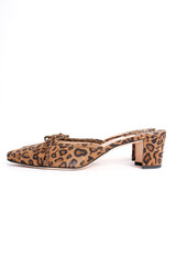 Vintage Manolo Blahnik Leopard Suede Block Heel Mules side at Recess Los Angeles