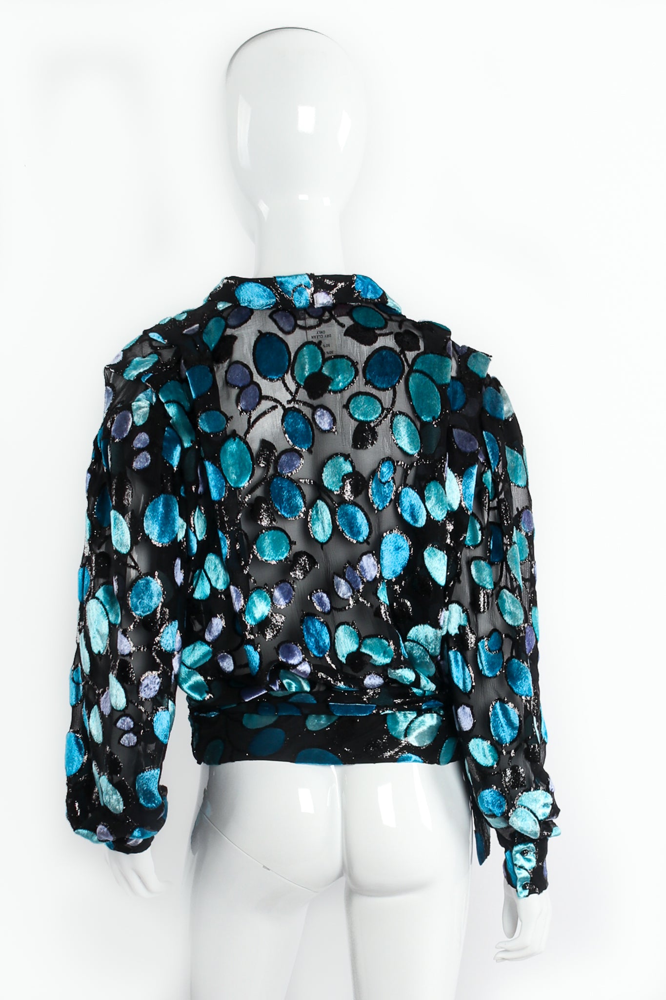 Vintage Marcy & Co. Sheer Silk Metallic Velvet Polka Dot Wrap Blouse on Mannequin Back at Recess LA