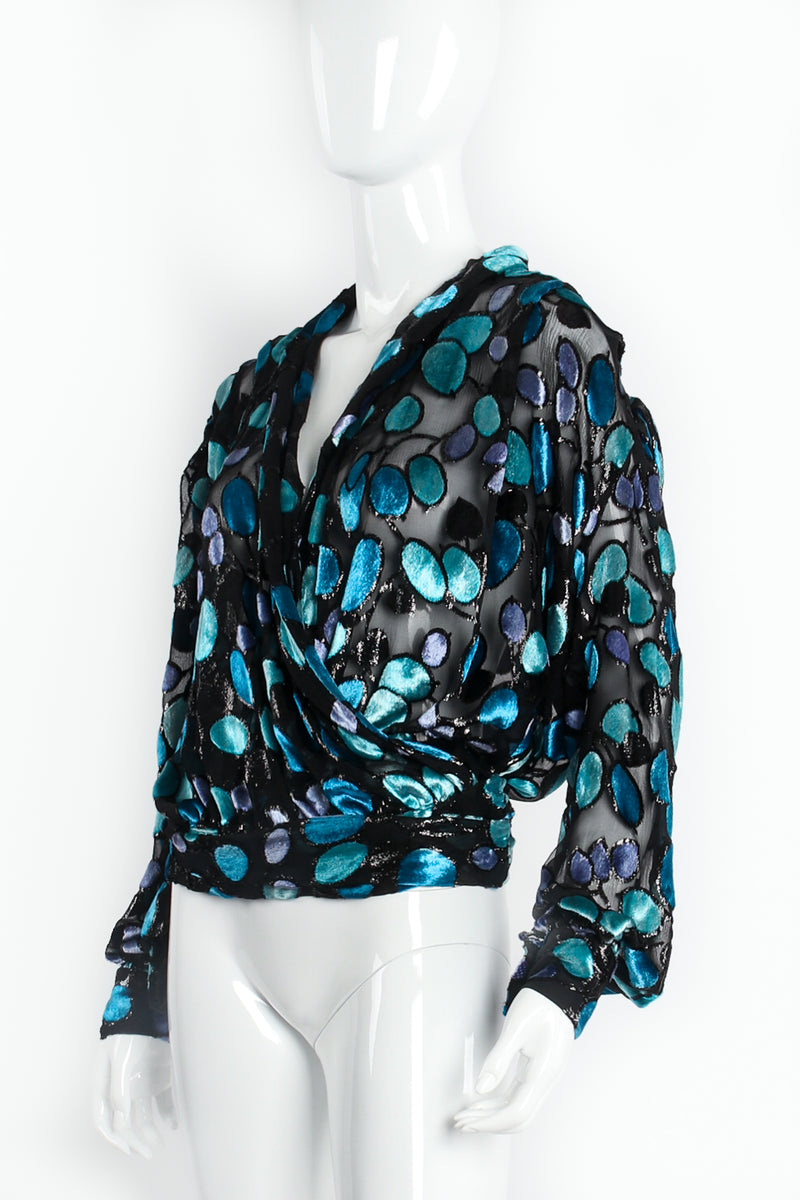 Vintage Marcy & Co. Sheer Silk Metallic Velvet Polka Dot Wrap Blouse on Mannequin Angle at Recess