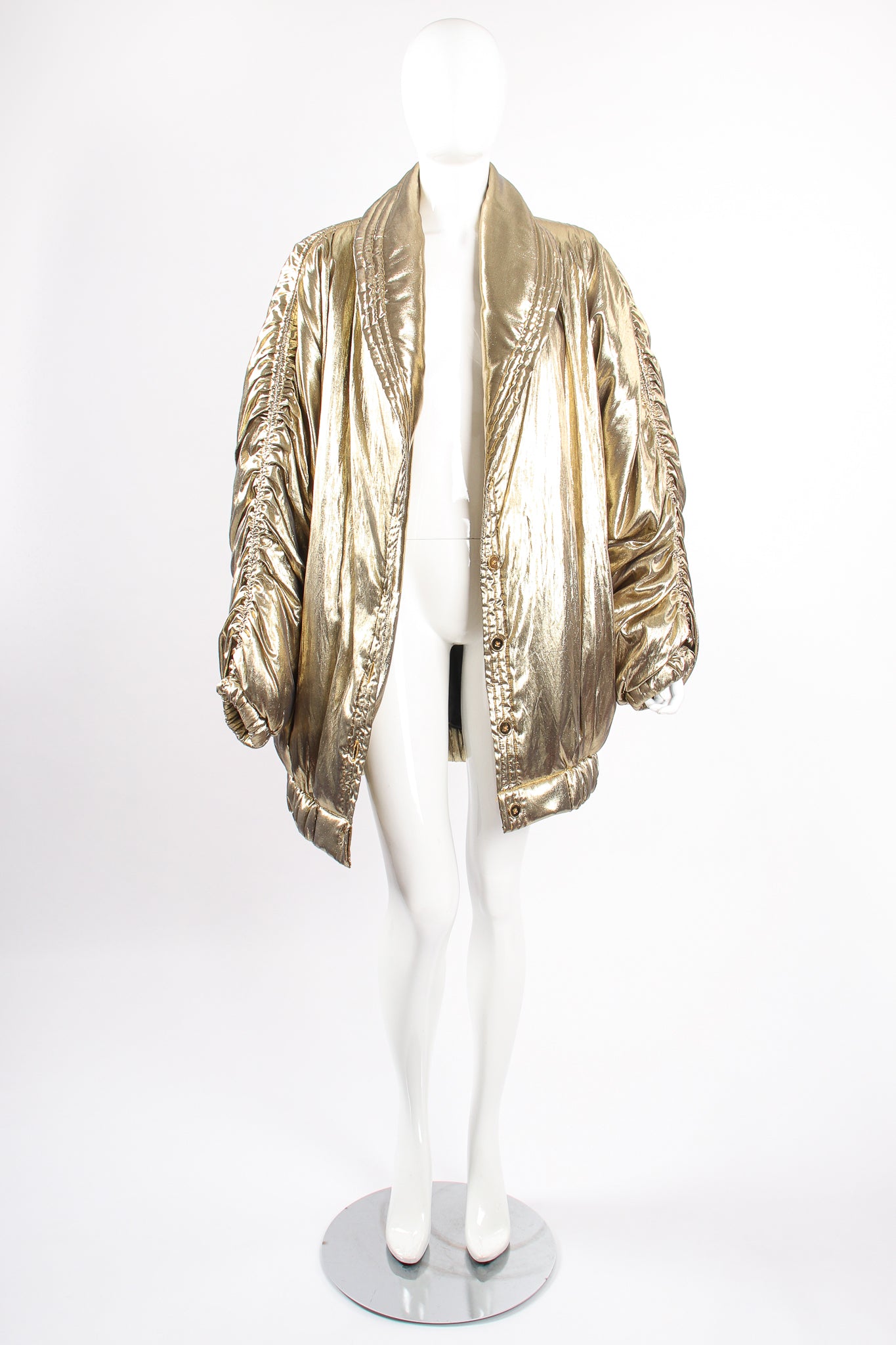 Vintage Maréna Maréna Inc Metallic Lamé Golden Puffer Coat on Mannequin front at Recess LA