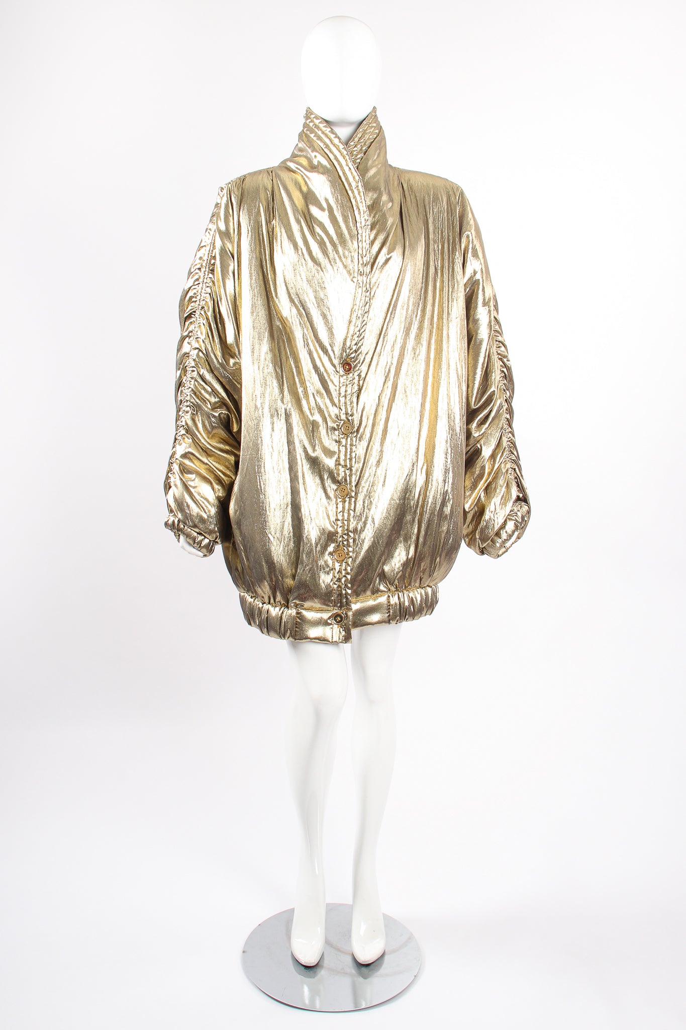 Vintage Maréna Maréna Inc Metallic Lamé Golden Puffer Coat on Mannequin closed at Recess LA