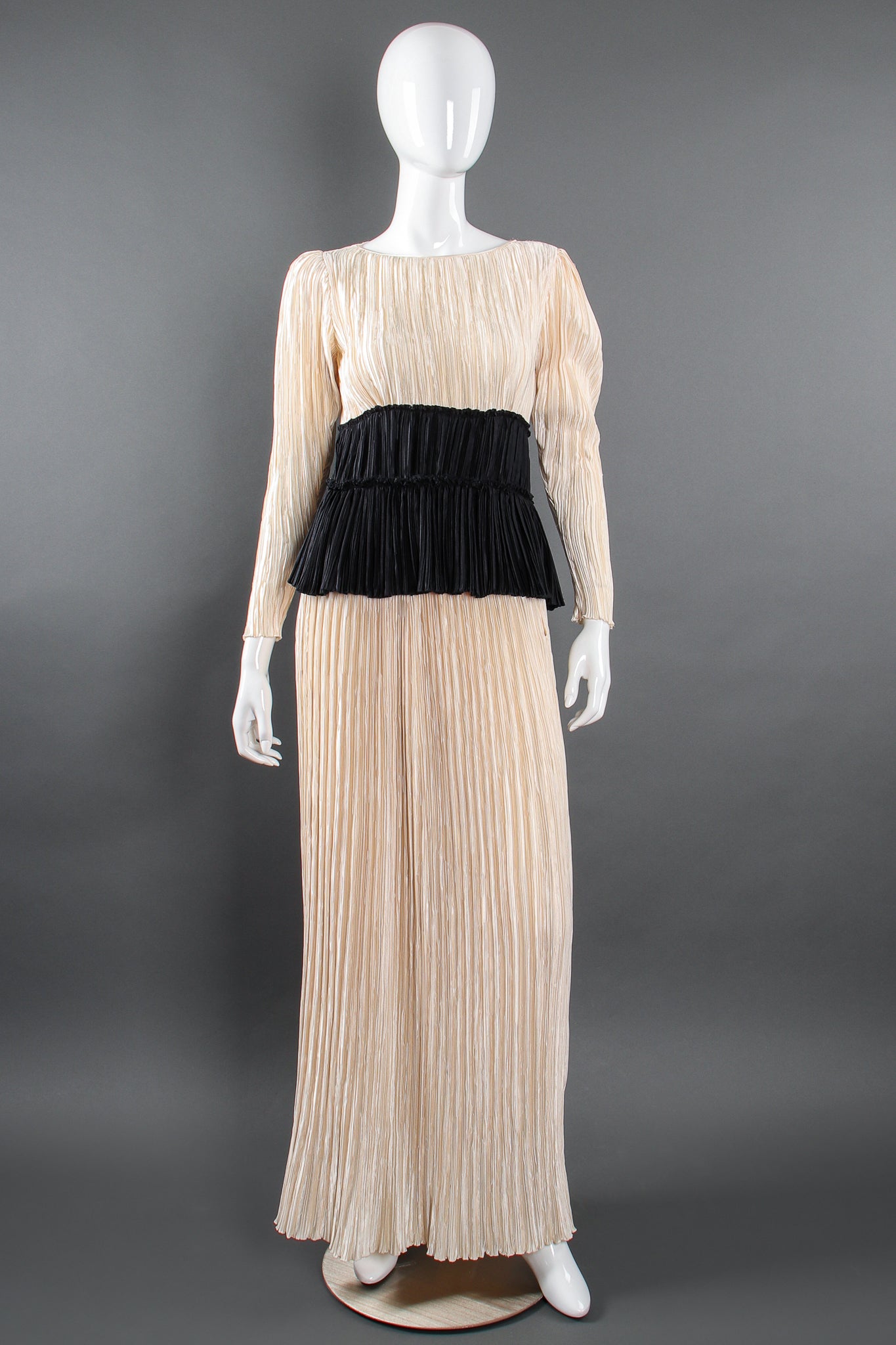 Vintage Mary McFadden Pleated Peplum Top & Skirt Set Bridal Wedding on Mannequin front @ Recess LA