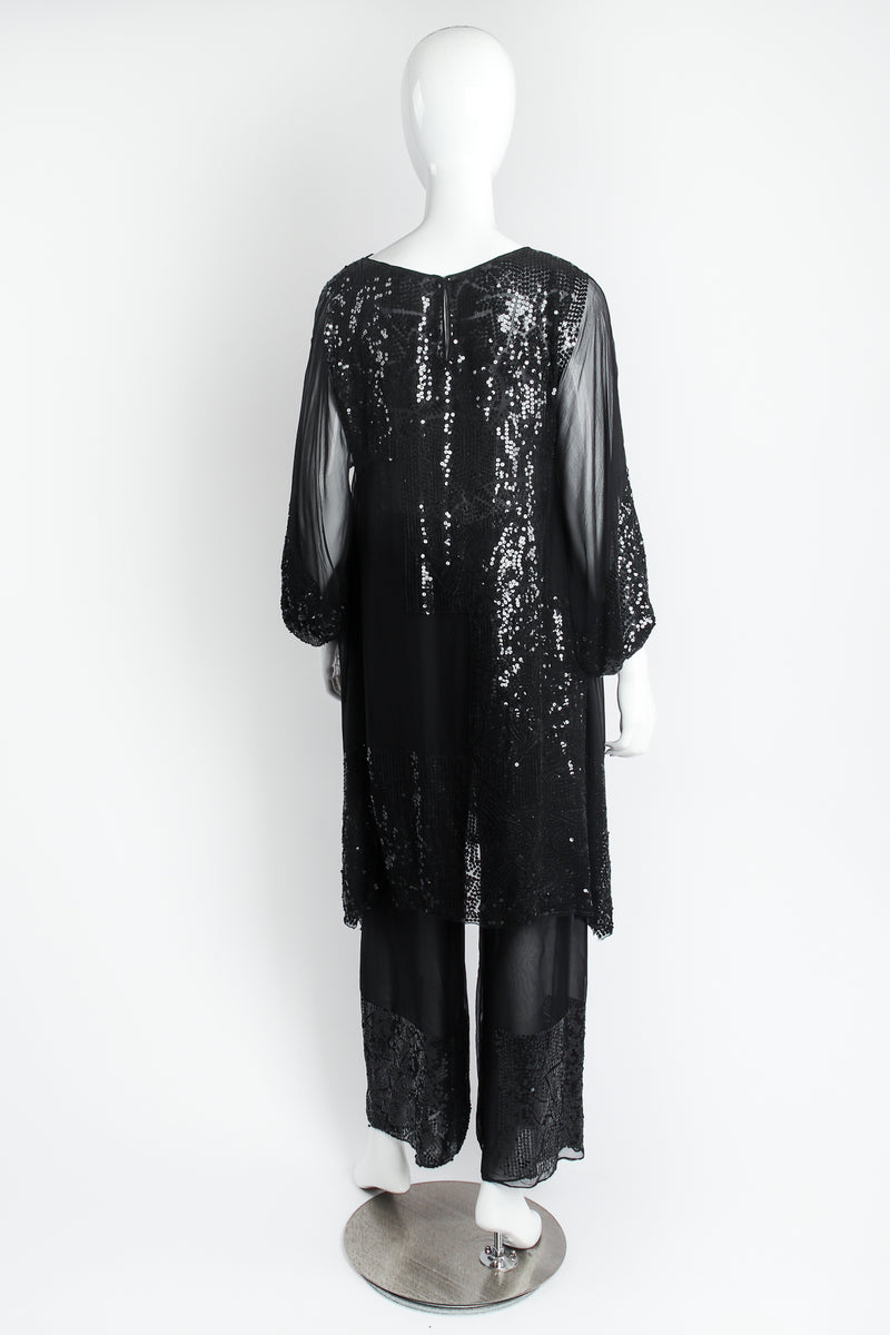 Vintage Mary McFadden Sheer Sequin Balloon Sleeve Tunic Dress Pant Set on Mannequin back @ Recess