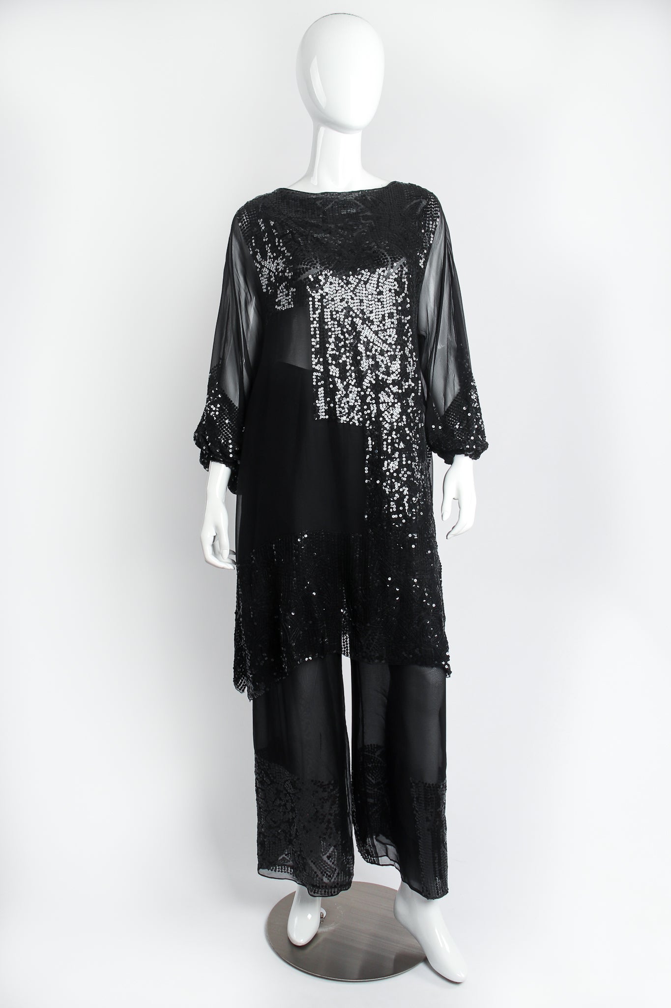 Vintage Mary McFadden Sheer Sequin Balloon Sleeve Tunic Dress Pant Set on Mannequin front @ Recess