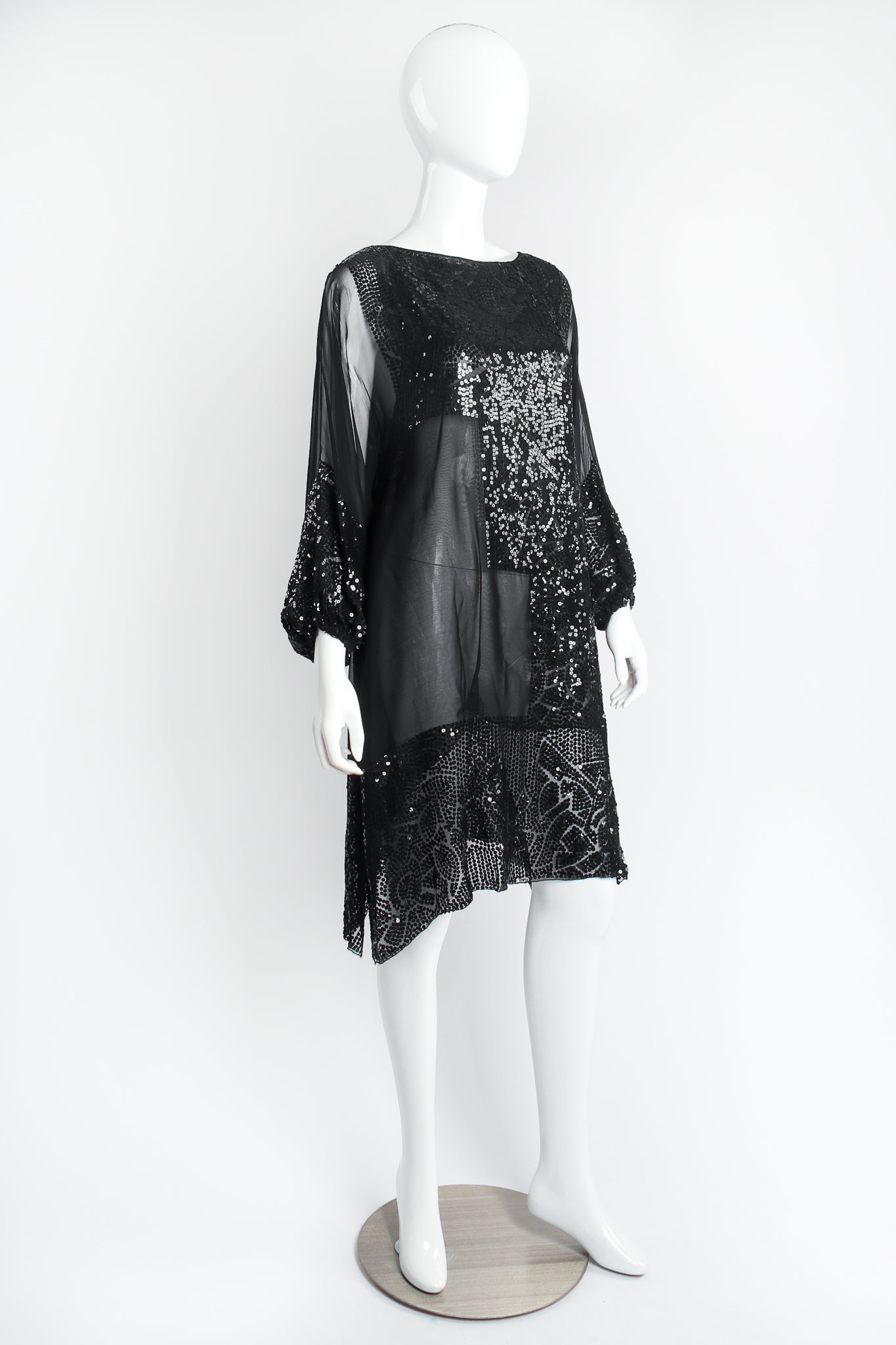 Vintage Mary McFadden Sheer Sequin Balloon Sleeve Tunic Dress Pant Set on Mannequin dress @ Recess