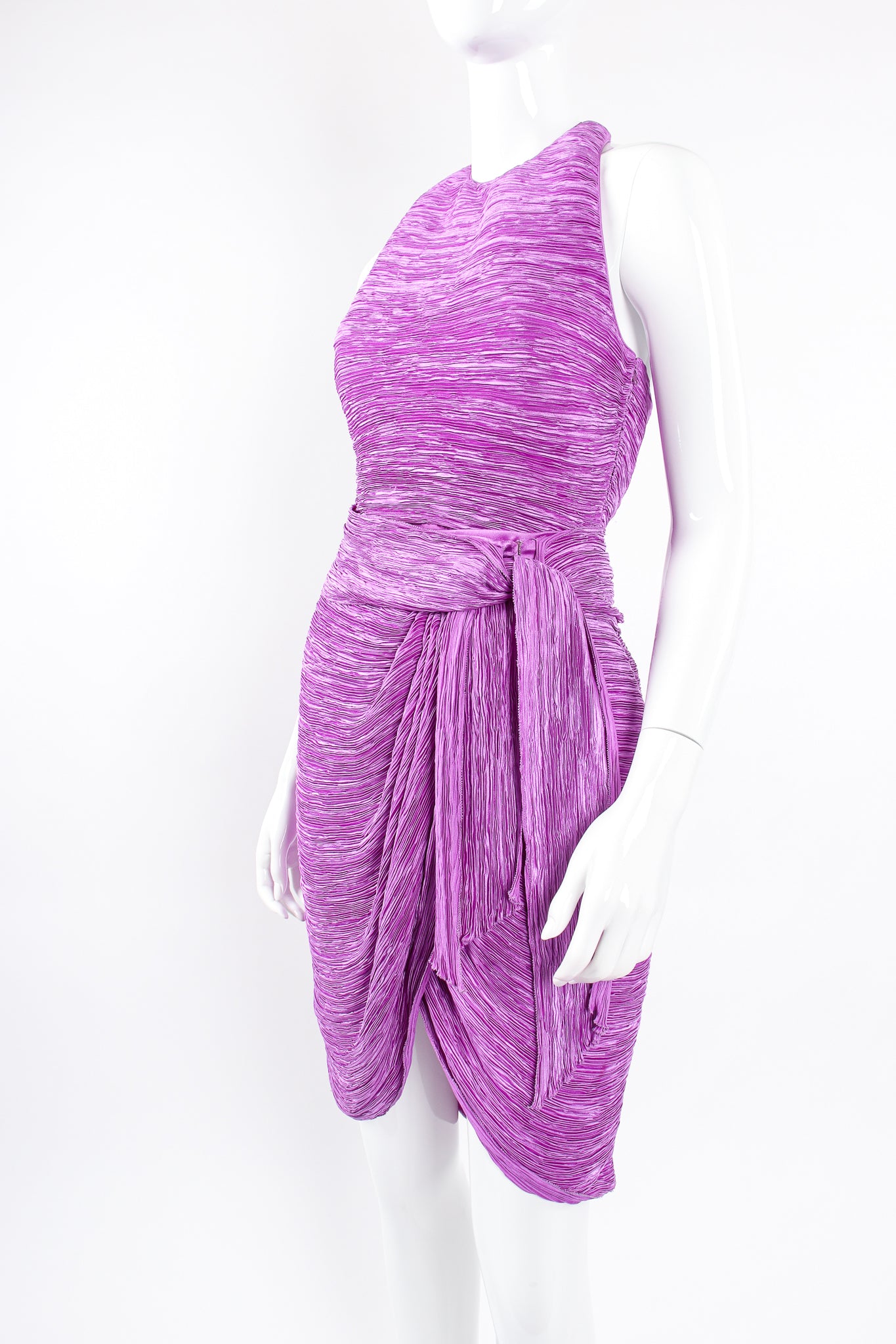 Vintage Mary McFadden Pleated Halter & Wrap Skirt Set on Mannequin angle crop at Recess LA